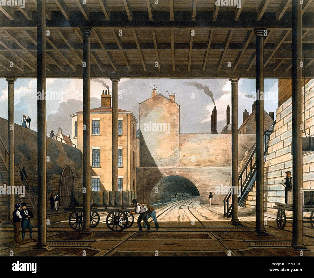 . Inglese: La merce originale-di attrezzature di movimentazione del Liverpool e Manchester ferroviaria alla fine del tunnel di Wapping verso le procedure Dockside Wizard (più tardi il Wapping Dock) in Liverpool. Il sciavero teso indietro per circa 200 iarde dalla bocca del tunnel verso il dock, con magazzini su entrambi i lati dove le merci possono essere caricati dall'alto sui carri. La struttura è rimasta in uso, più tardi rinominata Park Lane merci stazione, con diverse ricostruzioni, fino al 1972. Il traffico attraverso il tunnel ha continuato a essere cavo-disegnate in collina bordo fino al 1896. Il sito è ora stata demolita e redevelope Foto Stock
