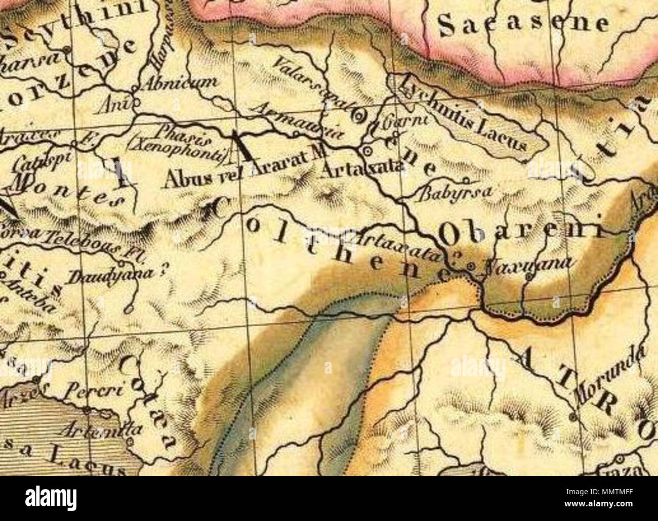 . Français : Carte generale de l'Asie-Mineure, de l'Armenie, de la Siria, de la Mesopotamie, du Caucase &Un. par A. Brue, Geographe du Roi. (A) Etat de l'Asie avant Cyrus et limites de l'empire des Perses a la mort de ce Prince (560 et 579 av. J.C.). (A) Marche de Cyrus le Jeune et des Grecs ses alleati, retraite des dix-mille Grecs sous Senofonte. (A) Le colonie de Pheniciens de 20e . au 5e. siecles avant J.C. La Revue, completee et augmentee de cartes particulieres par Ch. Picquet , Geographe du Roi et de Mons. Le duc d'Orleans. Parigi, 1839. Chez Chles. Picquet, Quai Conti n. 17, pres du Po Foto Stock