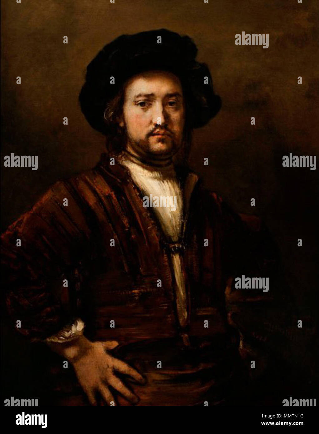 Ritratto di un uomo con le armi akimbo. Titolo alternativo(s): un ammiraglio olandese (vecchio titolo).. 1658. Buitenlandse admiraal Foto Stock