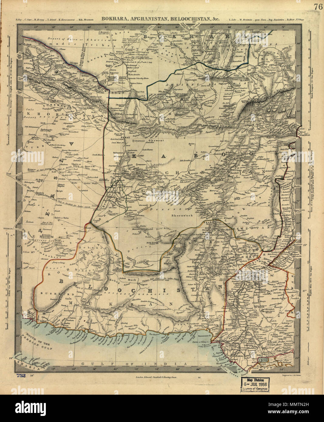 . Русский: этой На карте британской середины XIX века показаны Бухара (независимое ханство, располагавшееся на территории современного Узбекистана), Афганистан, Белуджистан (область на территории современных Ирана и Пакистана) и восточная часть Персии (современный Иран). На левом и правом полях карты указаны пять различных географических масштабов: в индийских косах (кос - мера длины, уходящая корнями в древнюю Индию и все еще использовавшаяся в XIX веке), персидских фарсангах (или 'парасангах"; один фарсанг составлял примерно 5,56 километра), французских лигах, английских милях и "часах хода Foto Stock