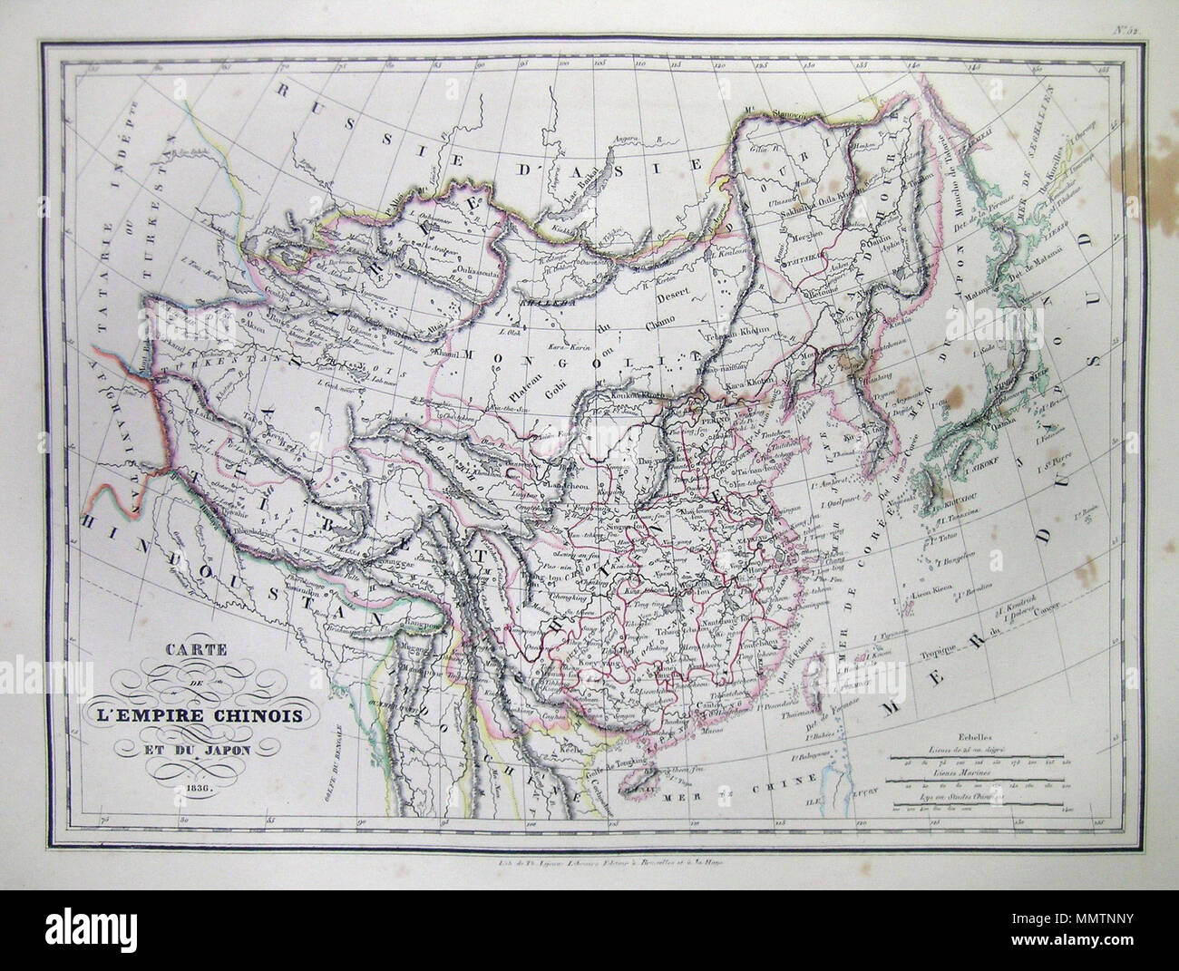 . Inglese: questa è una bella 1836 colorate a mano mappa di Cina e Giappone. Include Tartary e l'impero mongolo. Tutto il testo è in francese. Carte de L'Empire Chinois de du Japon 1836.. 1837. 1837 Malte-Brun mappa della Cina e del Giappone - Geographicus - Cina-mb-1837 Foto Stock
