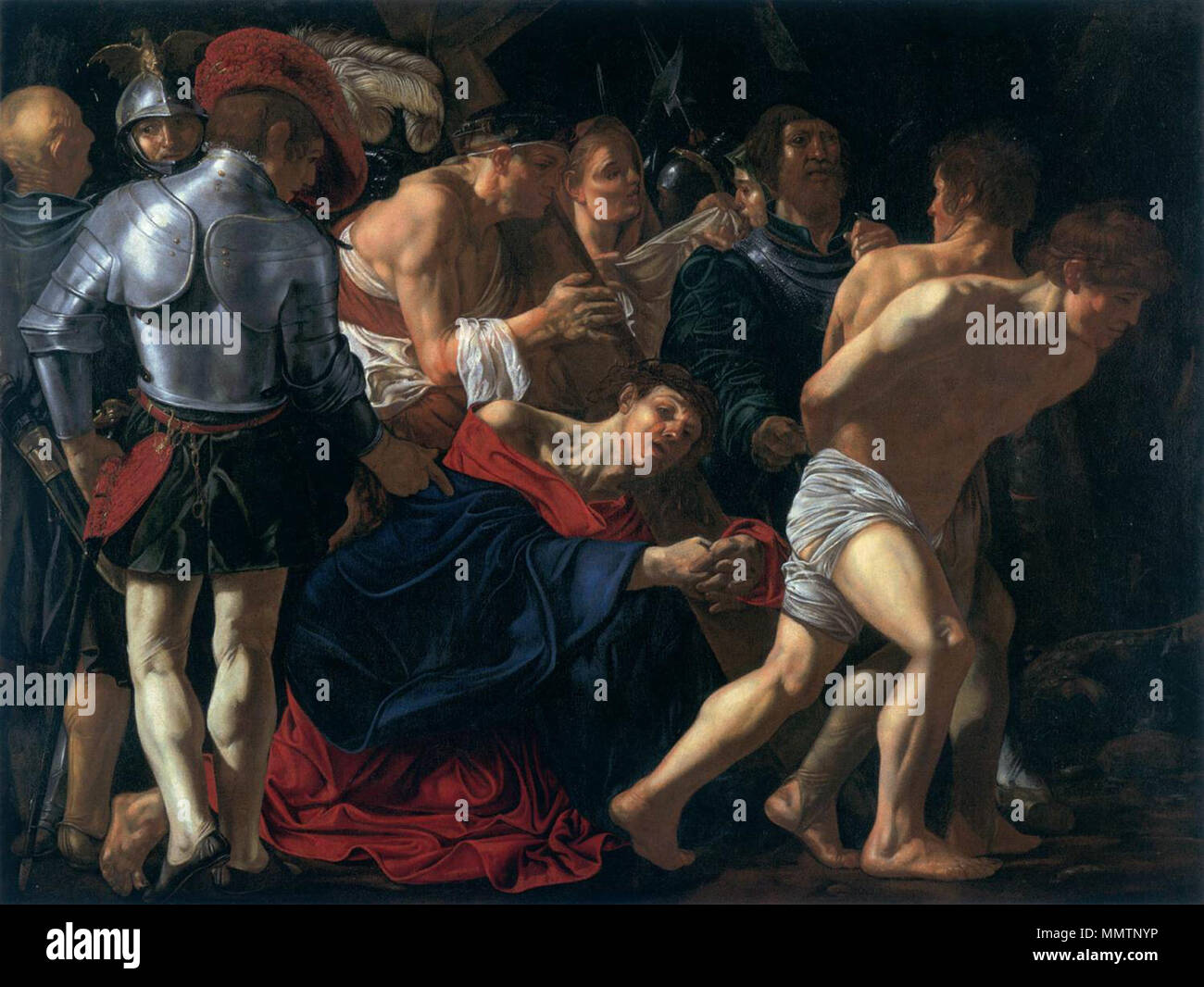 . Italiano: Caduta di Cristo lungo la salita al Calvario . tra 1610 e 1611. Francesco Boneri detto Cecco del Caravaggio (opera attribuita) - Bratislava, Slovenská Národná Galéria Caduta di Cristo lungo la salita al Calvario - Boneri Foto Stock