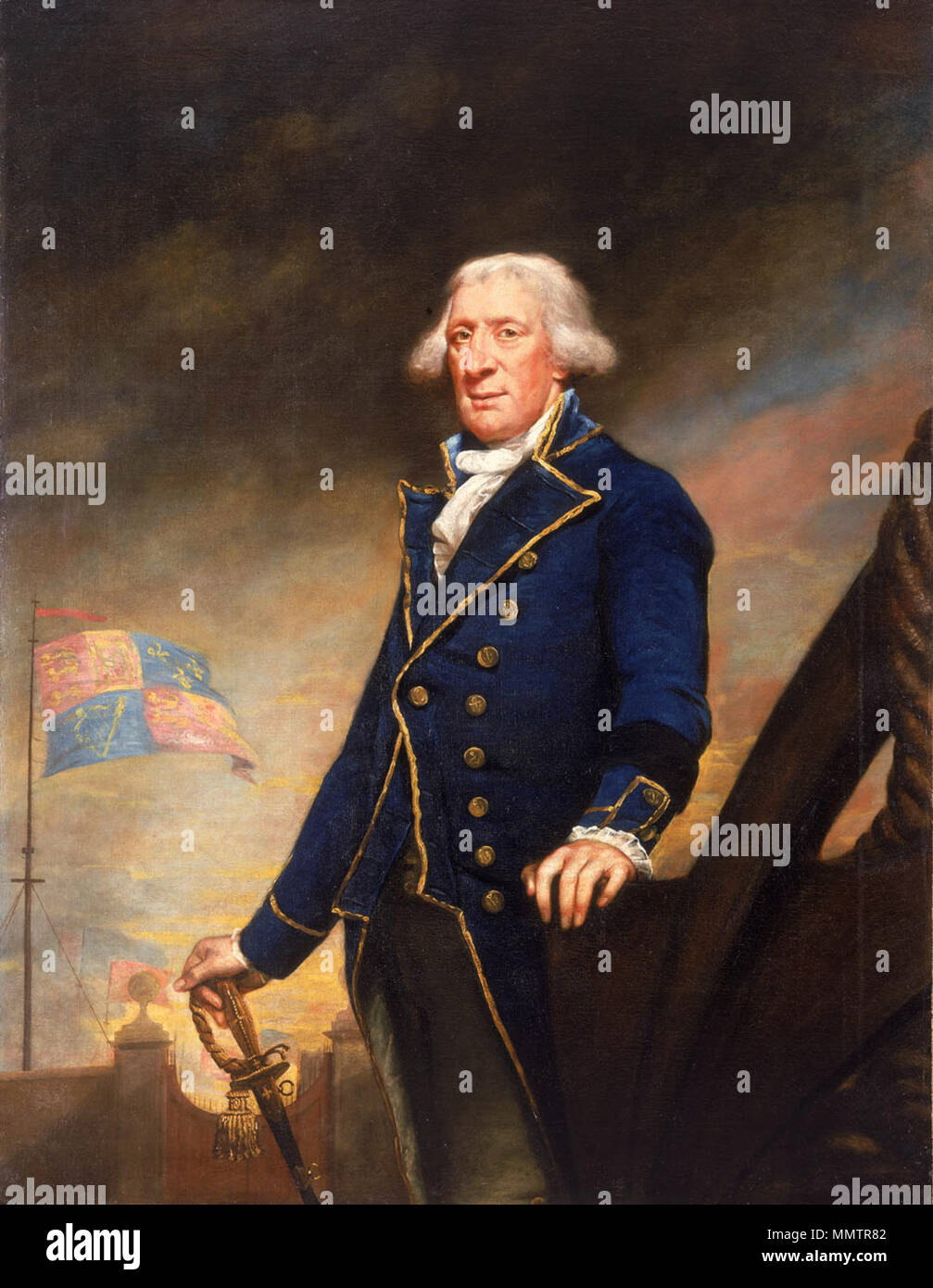 . Inglese: A tre quarti di lunghezza a sinistra il ritratto di Saxton indossa un mantello blu con bordatura in argento e pantaloni, probabilmente la sua uniforme come commissario. La sua mano sinistra è su un ancoraggio fluke, mentre il suo diritto poggia su un abito spada. Indossa il suo proprio i capelli bianchi. Sullo sfondo a sinistra sono le principali porte di Portsmouth dockyard, dove Saxton era commissario dal 1789 fino al 1806. Il royal standard su un personale commemora la visita del re George III. Capitano Charles Saxton, 1732-1808.. circa 1794-95. Capitano Charles Saxton Foto Stock