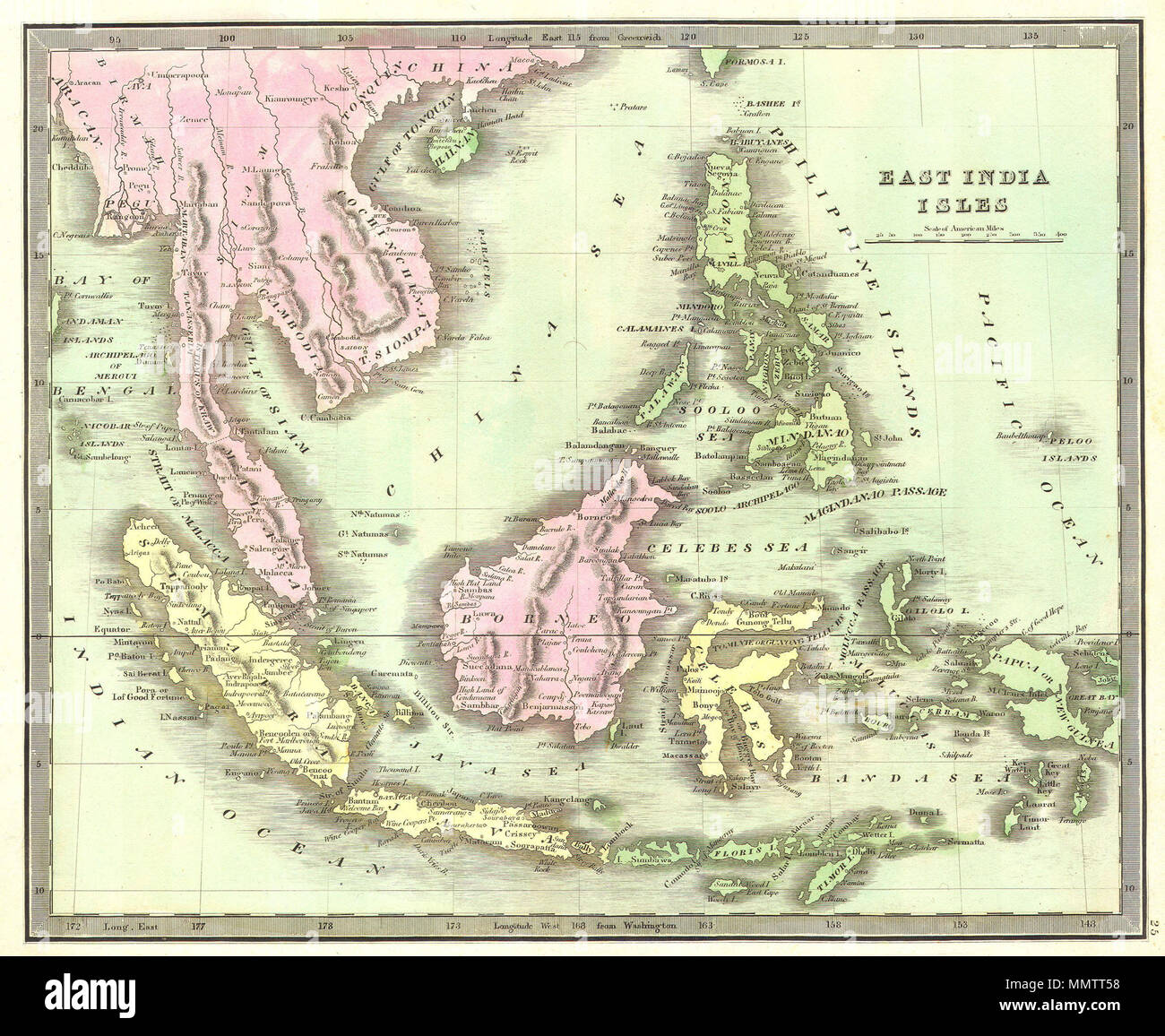 . Inglese: questa colorata a mano mappa è una incisione litografica delle Indie Orientali, risalente al 1842. Mostra tutti del sud-est asiatico e le Indie orientali comprese Sumatra, Java, Borneo e le Filippine. Sulla terraferma si mostra i regni del Siam (Thailandia), Tonquin (Vietnam), Malaya e Cambogia. Illustra inoltre la città isola di Singapore. Come la maggior parte delle mappe Greenleaf, questo è datata. East India Isole. 1842. 1842 Greenleaf mappa delle Indie Orientali, Borneo, Giava e Sumatra, Thailandia, Vietnam - Geographicus - EastIndies-greenleaf-1842 Foto Stock