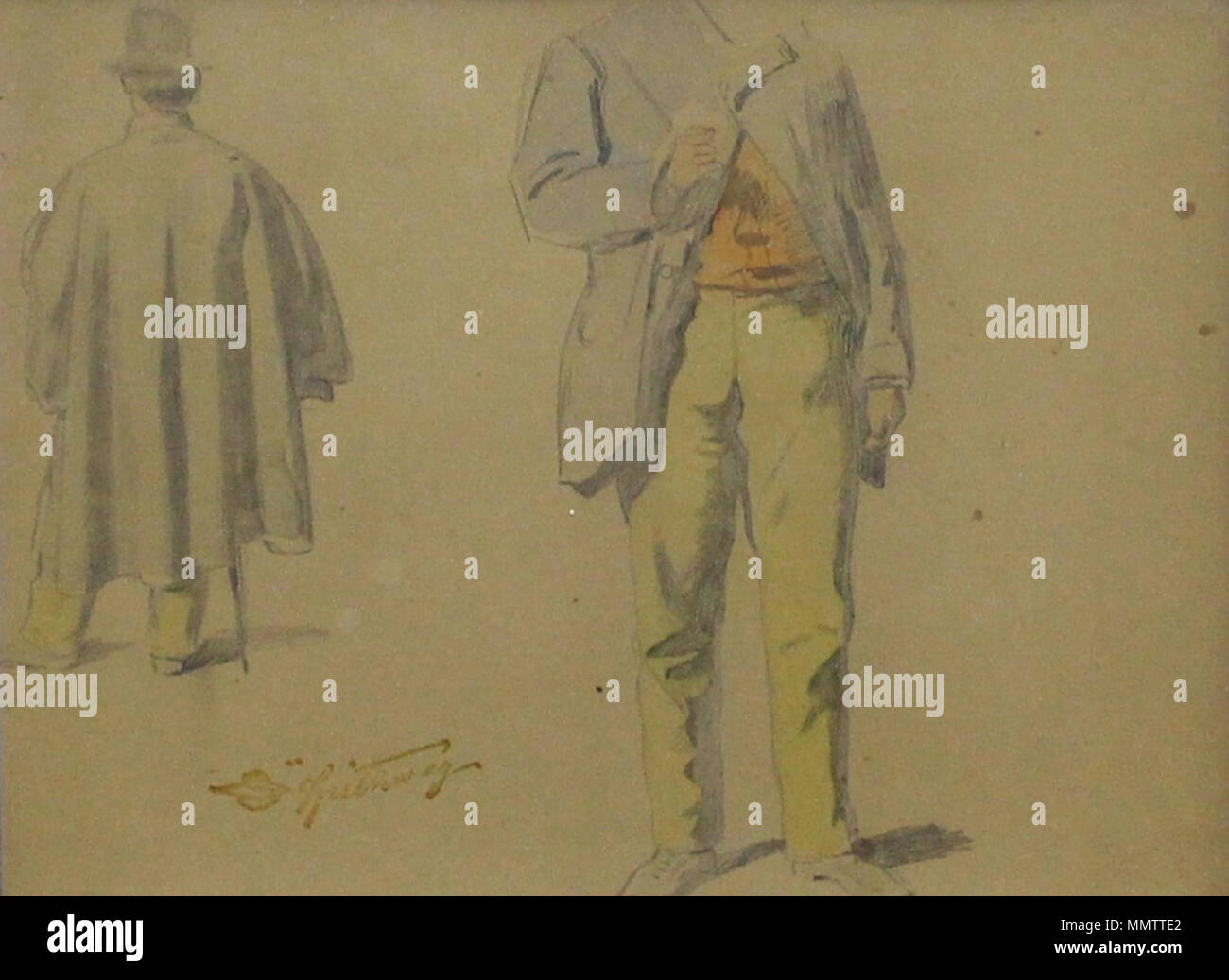 . Figuren-Studie, kolorierte Bleistiftzeichnung auf braunem Papier, Blattmaße 20,5 x 26 cm . dal 1885. Carl Spitzweg (1808-1885) nomi alternativi Karl Spitzweg; Franz Carl Spitzweg Descrizione tedesco pittore e disegnatore Data di nascita e morte 5 Febbraio 1808 23 Settembre 1885 Luogo di nascita e morte Munich Monaco di Baviera sede di lavoro autorità di Monaco di Baviera : controllo Q164979 VIAF:?ISNI 59091392:?0000 0001 2134 8215 ULAN:?500025223 LCCN:?n50024563 NLA:?35517277 WorldCat Carl Spitzweg Figuren-Studie Foto Stock