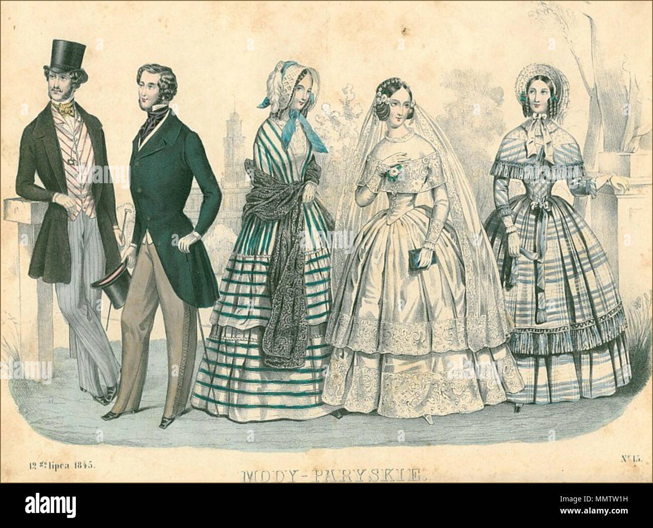 . Inglese: 1845 moda piastra con uomini e donne di stili (tra cui un abito da sposa). Polski: Opis oryginalny. Przedstawia Rycina: suknię z szelerowskiej marseliny, u dołu frenzlą obszytą, stanik w pasie jest szarfą opasany, kapotka krepowa kwiatami ubrana. Druga suknia ślubna z tarlatany z dwoma korunkowemi falbanami, stanik gładki z korunkową bertą, włosy girlandką z kwiatów ubrane, welon tarlatowany korunką obszyty. Trzeci szlafroczek fularu z z dwoma falbanami stanik fare półkoszulka otwarty, kapelusz ryżowy piórem ubrany, rańtuch korunkowy czarny. Tudzież frak fare przechadzki o jednym rzę Foto Stock