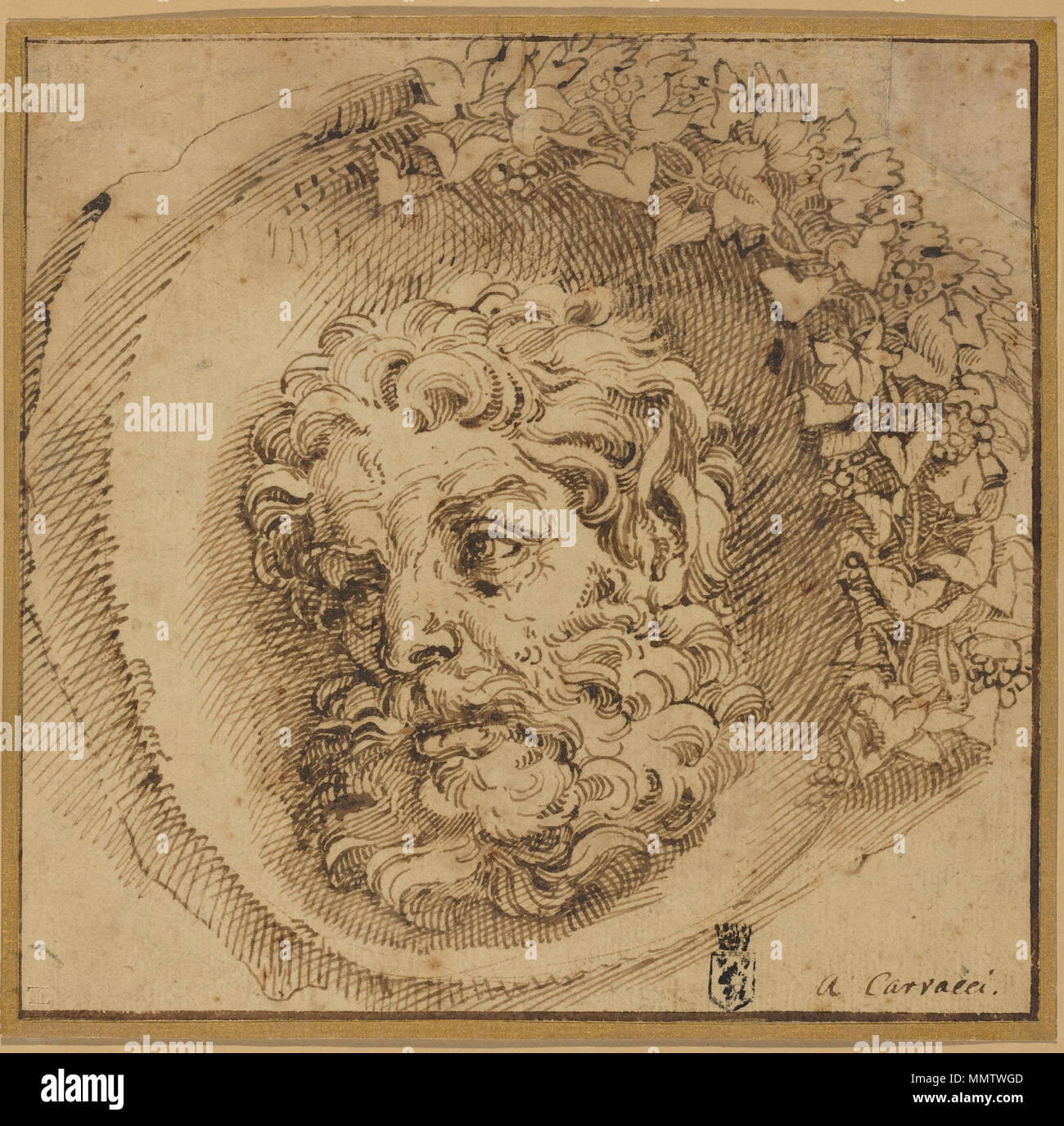Disegno; penna e inchiostro bruno su carta vergata; complessivo: 18,1 x 18,7 cm (7 1/8 x 7 3/8 in.); Carracci Agostino Fauno Foto Stock