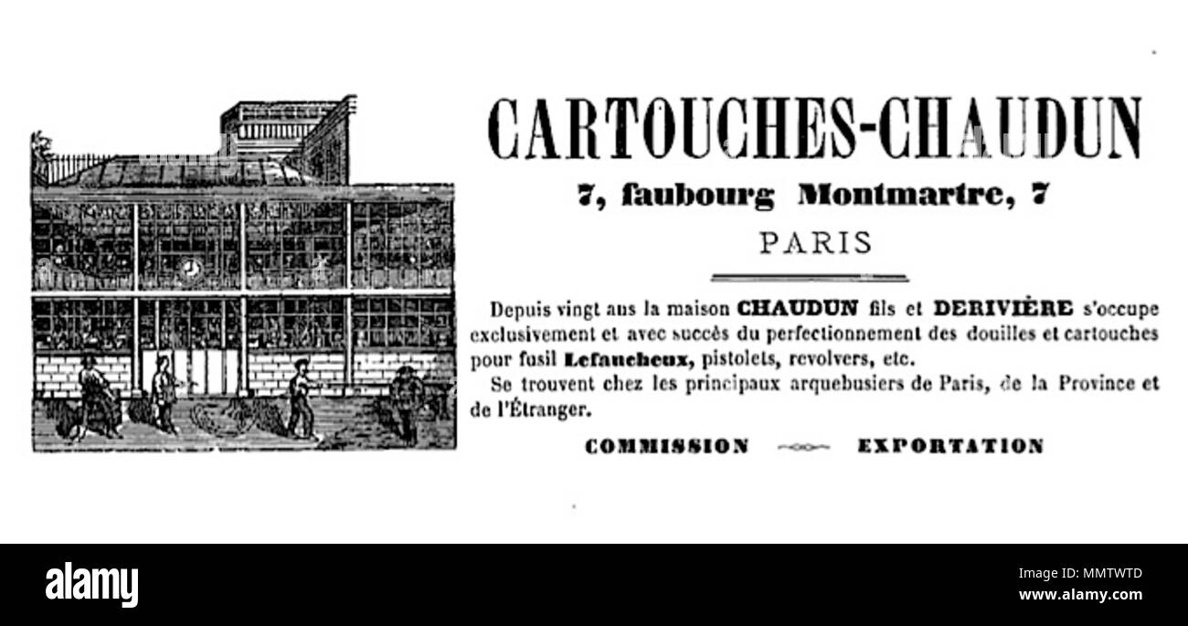 . Inglese: Pubblicità per Cartouches-Chaudun trova 7 Faubourg Montmartre (Parigi, Francia), In: Album-étrennes... : L'Ami du foyer illustré, Parigi, Miguet, 1865. La casa Chaudin, con Derivière dal 1870 al 1875, è stata fondata intorno al 1845, e fu a questo indirizzo fino al 1880 (l'ultimo nome della società è stato Chaudun Fils). 7 Cartouches-Chaudun Faubourg Montmartre Parigi Foto Stock