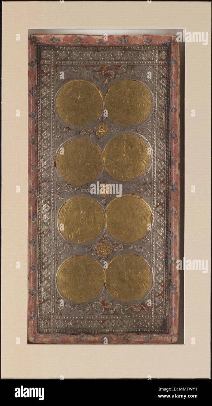 . Inglese: otto delle monete dal Visconti mazzo di tarocchi. Italiano: Otto di monete del mazzo tarocchi Visconti di Modrone, detti anche Cary-Yale. . Xv secolo. Bonifacio Bembo (1420-1480) nomi alternativi Bembo, Bonifazio Descrizione pittore italiano e illuminatore Data di nascita e morte 1420 dopo 1477 Luogo di nascita e morte Brescia Milano periodo di lavoro 1447-1477 sede di lavoro Milano competente controllo : Q2486190 VIAF:?13191706 ULAN:?500021037 WGA:?BEMBO, Bonifazio GND:?122469453 RKD:?6343 Cary-Yale mazzo di Tarocchi - otto di monete Foto Stock
