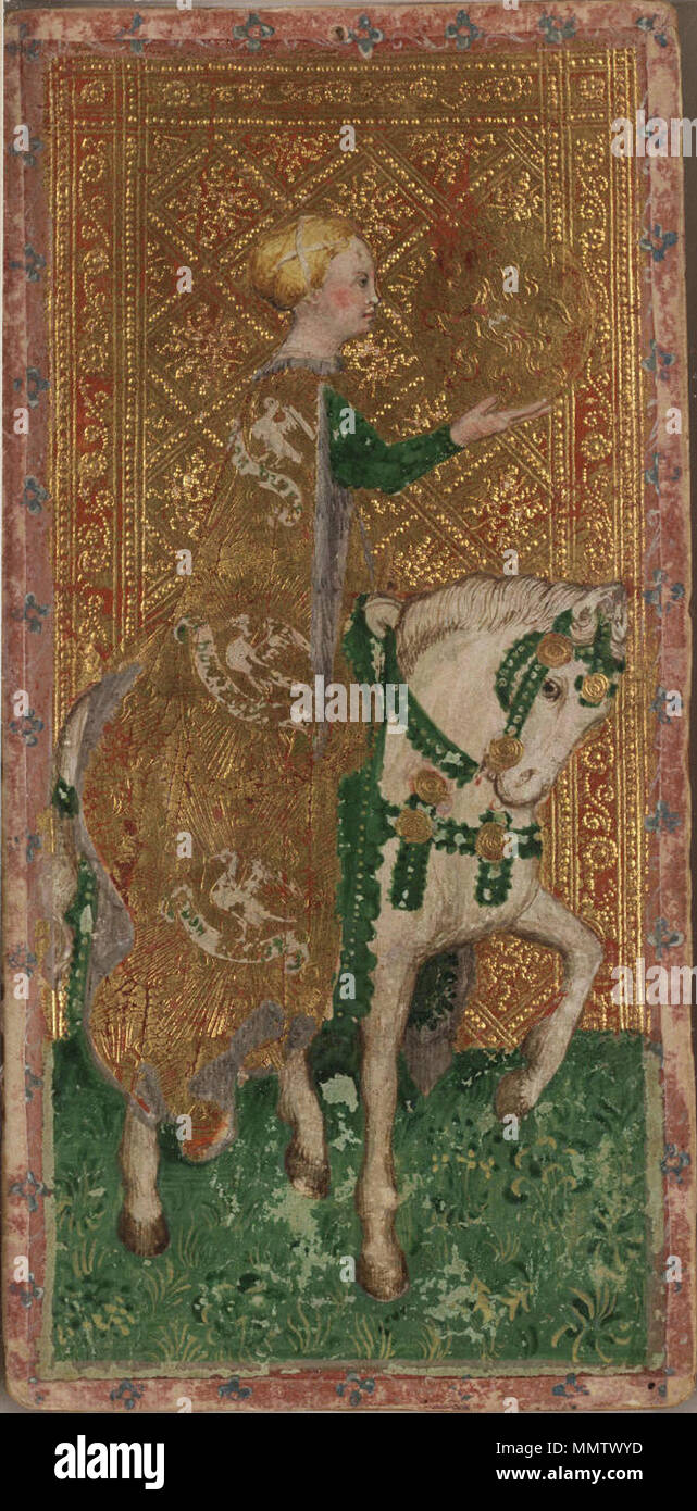 . Inglese: Horsewoman di monete (diamanti) dai Visconti mazzo di tarocchi Italiano: Dama a cavallo di monete del mazzo tarocchi Visconti di Modrone, detti anche Cary-Yale. . Xv secolo. Bonifacio Bembo (1420-1480) nomi alternativi Bembo, Bonifazio Descrizione pittore italiano e illuminatore Data di nascita e morte 1420 dopo 1477 Luogo di nascita e morte Brescia Milano periodo di lavoro 1447-1477 sede di lavoro Milano competente controllo : Q2486190 VIAF:?13191706 ULAN:?500021037 WGA:?BEMBO, Bonifazio GND:?122469453 RKD:?6343 Cary-Yale mazzo di Tarocchi - Horsewoman di monete Foto Stock