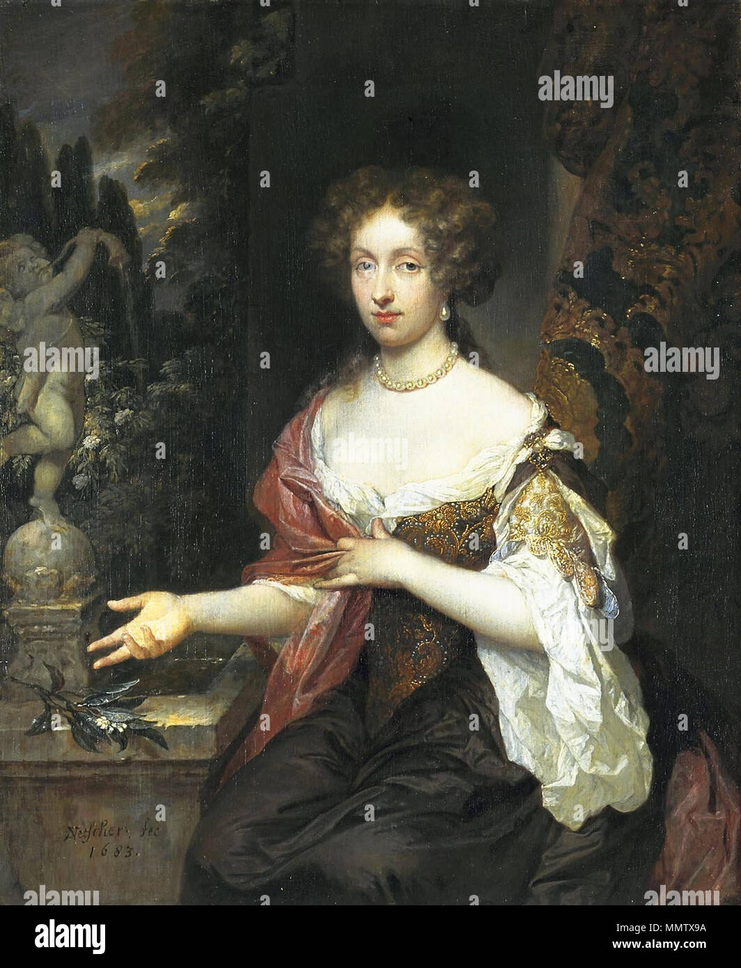 . Pendente di File:Caspar Netscher 005.jpg ritratto di Maria Timmers (1658-1753). 1683. Caspar Netscher - Portret van Maria Timmers Foto Stock