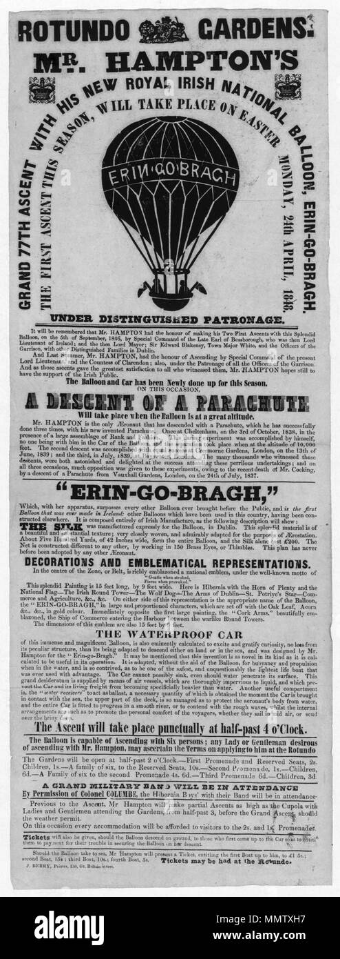 . Inglese: Rotundo [ossia Rotunda] giardini. Il sig. Hampton Inn Grand 77th salita con il suo nuovo royal nazionale irlandese di palloncino, Erin-Go-Bragh la prima salita in questa stagione, avrà luogo il lunedì di Pasqua, 24 Aprile, 1848 Poster pubblicitario per un salto in paracadute da aeronaut John Hampton su 24 Aprile 1848 da 'La nazionale irlandese di palloncino, Erin Go Bragh' della Rotunda giardini, Dublino. Hampton realizzato due precedenti voli in mongolfiera in Irlanda il 5 settembre 1846. Il poster vanta erroneamente che Hampton Inn è stato il primo parachutist, ma lui è stato preceduto da Louis-Sébastien Lenormand nel 1783, e altri. Erin Go B Foto Stock