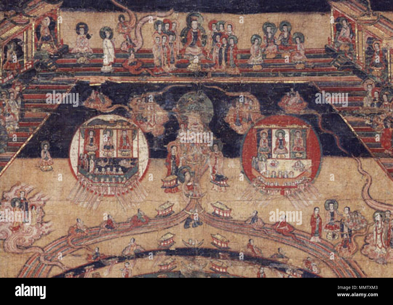 . Inglese: il cielo e la terra: un dipinto raffigurante il manicheismo cosmico della vista mostra quello che sembra essere il cielo in alto, la luna sulla sinistra e il sole sulla destra. Il dipinto fu probabilmente prodotta da un pittore in Cina Chekiang e Fukien province intorno al tempo della dinastia Yüen, che ha governato la Cina e la Mongolia dal 1271 al 1368. . Yüen dinastia. Artista sconosciuto della dinastia Yüen Cina Cathayan cosmologia manichea - Cielo scena Foto Stock