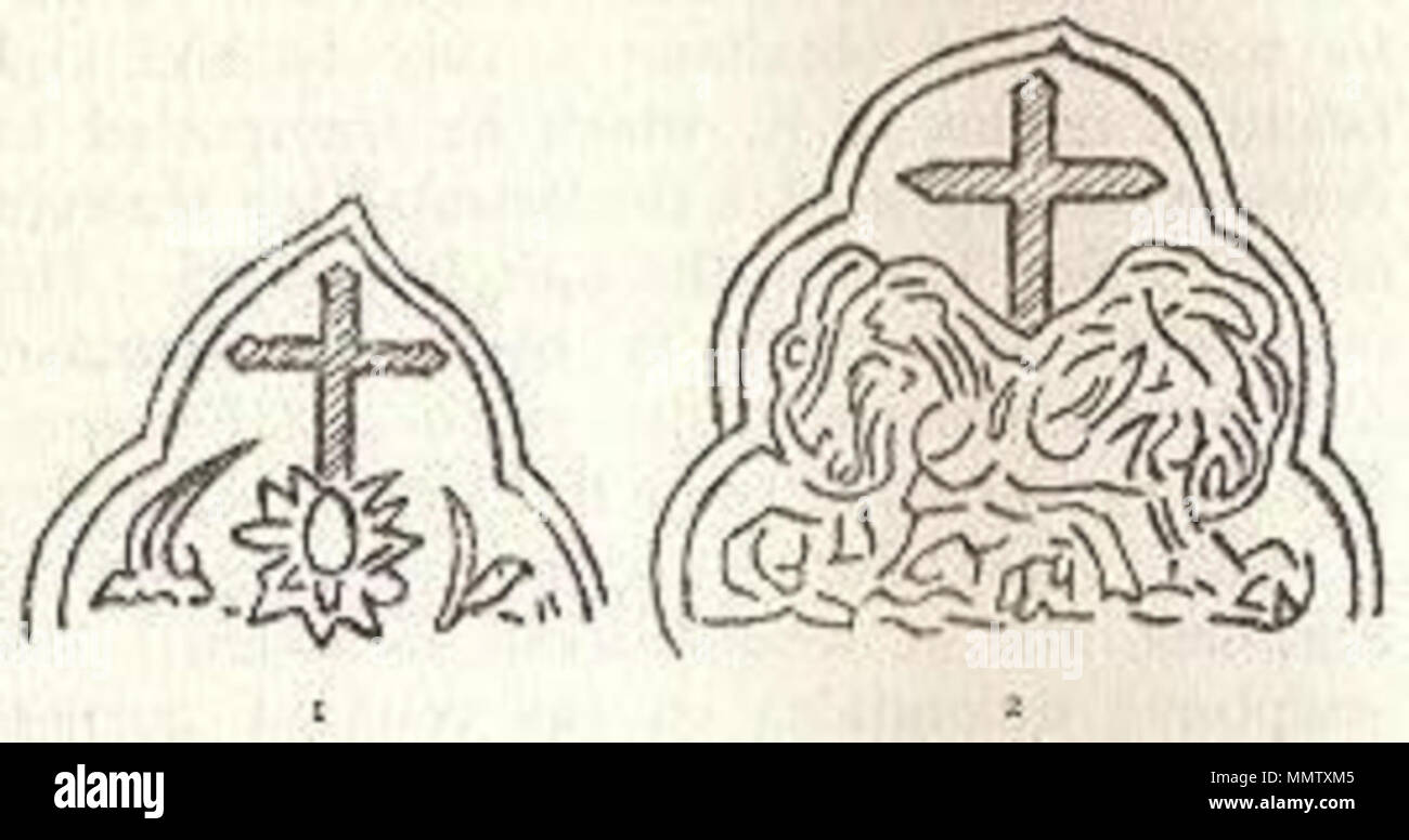 . Inglese: (n. 1) una croce di pietra trovata nelle rovine di Shih-tzŭ-ssŭ o tempio della Croce, nei pressi di Pechino, che può contrassegnare il sito della grotta in cui Rabban Sauma, un Ongut cristiani, ha vissuto per un periodo di sette anni (1270-1277) prima di diventare il Bagdad del patriarca rappresentante al re d'Europa. (N. 2) Croce stava nell'angolo sud-ovest del tempio e ha una scrittura siriaca (Peshitta) citazione: "Cercate a lui e speranza in Lui" (Ps. 34:5). . Yüen dinastia. Cathayan sconosciuto Croce nestoriana 4 Foto Stock