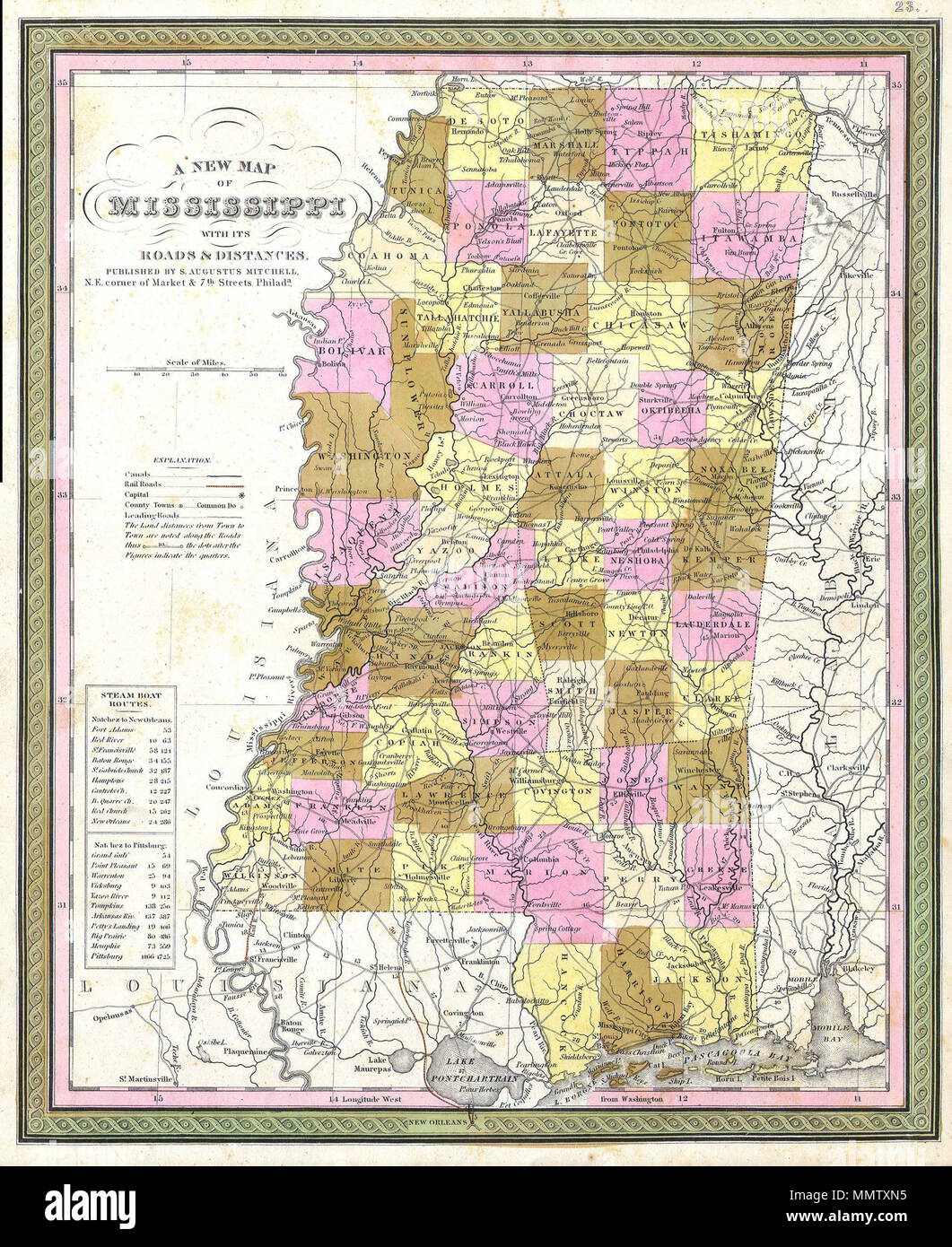 . Inglese: questa colorata a mano mappa è una piastra di rame incisione, risalente al 1849 dal leggendario American cartografo S.A. Mitchell, il sambuco. Esso rappresenta il Mississippi. Questo storicamente importante mappa è estremamente raro che esisteva solo nel 1849 edizione del Mitchell's Atlante universale. Questa mappa contiene anche note su steamboat rotte a New Orleans e a Pittsburg. Una nuova mappa del Mississippi con le sue strade e le distanze. 1849. 1849 Cowperthwait - Mitchell Mappa del Mississippi - Geographicus - MS-M-49 Foto Stock