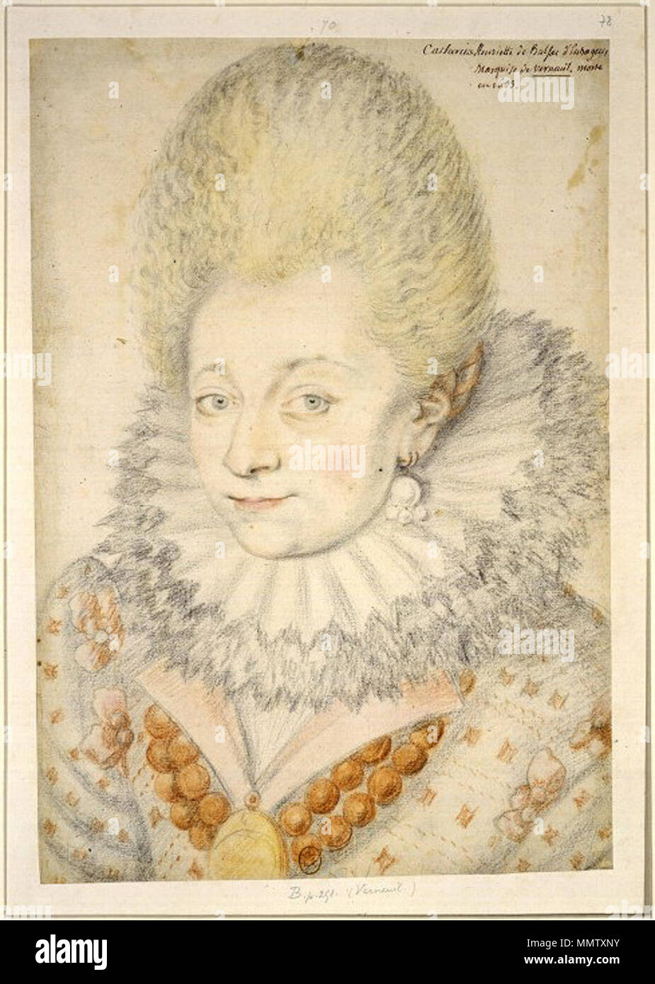 . Ritratto di Catherine Henriette de Balzac d'Entragues' . Il XVI secolo. François Quesnel (1542-1619) nomi alternativi François Quesnel le vieux (il Sambuco) descrizione della storia francese pittore, ritratto pittore e disegnatore figlio di Pierre Quesnel Data di nascita e morte 1542 / 1543 / 1545 1619 Luogo di nascita e morte di Edimburgo OPERA Parigi Francia posizione competente controllo : Q3085635 VIAF:?ISNI 12251588:?0000 0000 7827 271X ULAN:?500013723 LCCN:?nr2003026375 GND:?1023896532 WorldCat Catherine Henriette de Balzac dEntragues Quesnel Foto Stock