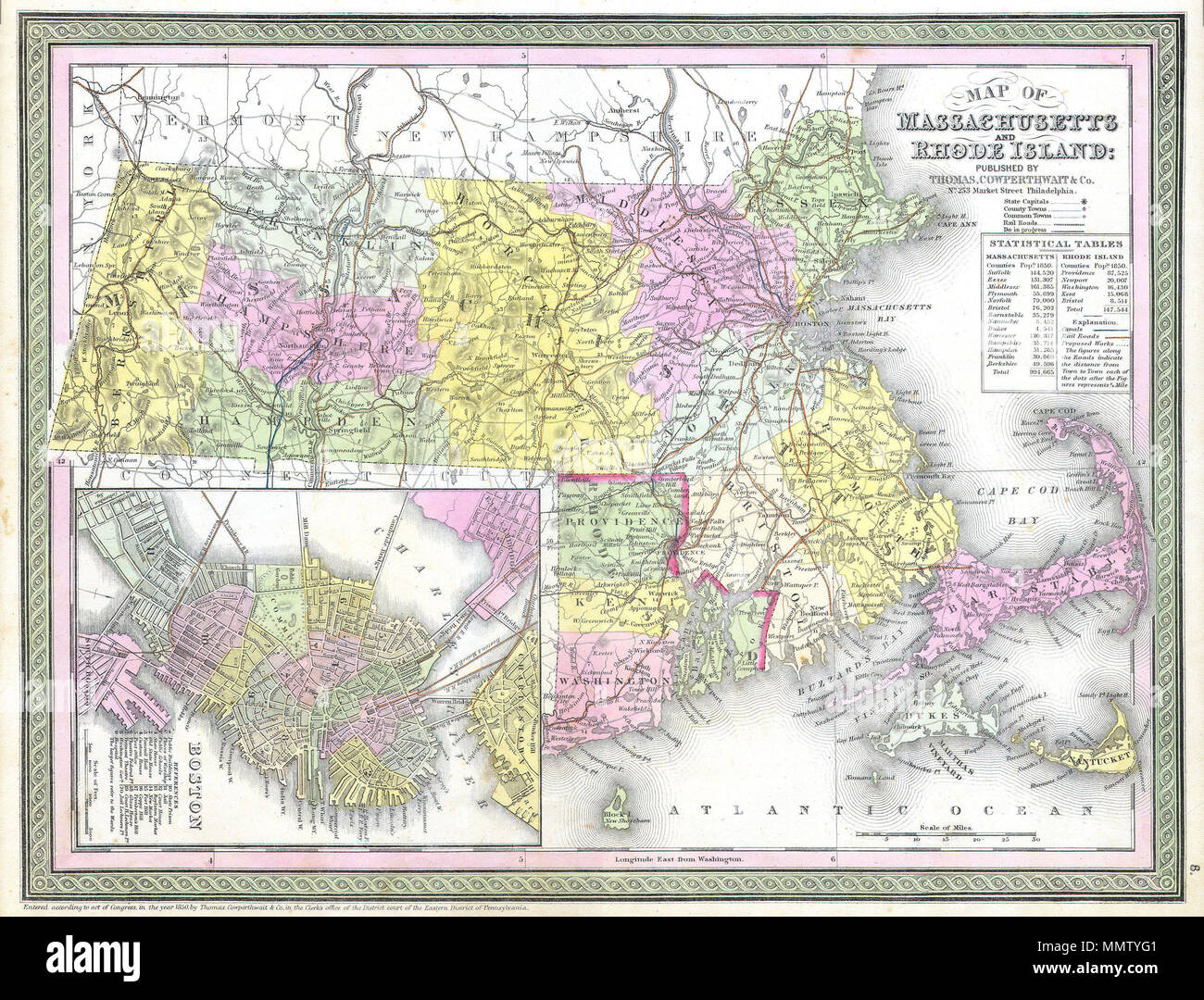 . Inglese: questa colorata a mano mappa è una piastra di rame incisione, risalente al 1850 dal leggendario American cartografo S.A. Mitchell, il sambuco. Esso rappresenta il Massachusetts e Rhode Island. Contiene una bellissima finestra mappa del centro cittadino di Boston. Questa mappa contiene anche le note sulla popolazione nei due stati. Questo storicamente importante mappa è estremamente raro che esisteva solo nel 1850 edizione del Mitchell's Atlante universale. Mappa di Massachusetts e Rhode Island. 1850. 1850 Cowperthwait - Mitchell Mappa del Massachusetts e Rhode Island - Geographicus - MA-M-50 Foto Stock