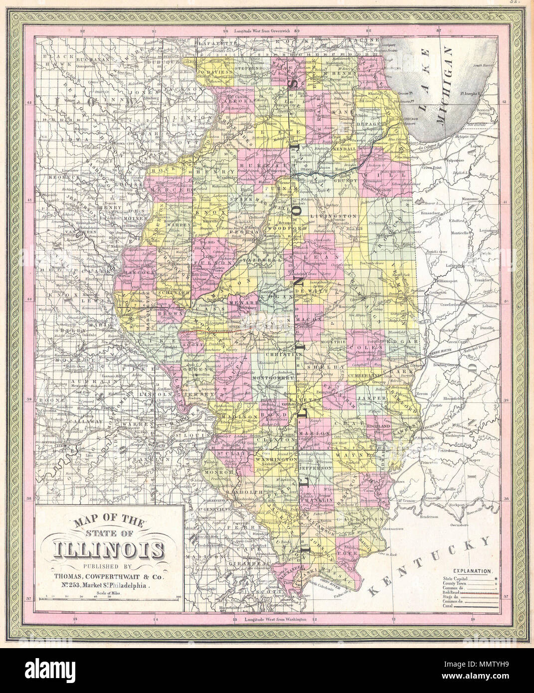 . Inglese: Questa è bella mano mappa colorata è una incisione litografica dello stato dell'Illinois risalente al 1850. Mappa divide lo stato in contee con notazioni su entrambi i politici e le caratteristiche geografiche. Prodotto dal leggendario American mappa editore S. A. Mitchell Suor fuori del suo 253 Market Street office in Philadelphia, PA. Mappa dello stato di Illinois.. 1850. 1850 Cowperthwait Mappa di Illinois - Geographicus - IL-M-50 Foto Stock