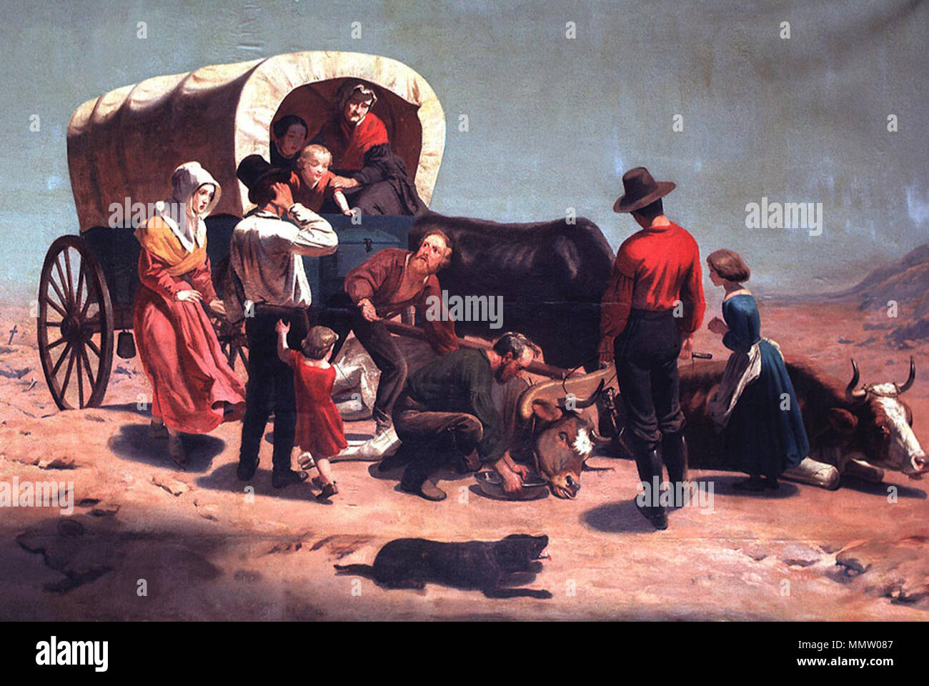 . Inglese: attraversando la pianura, olio su tela dipinto da Charles Christian Nahl, 1856 . 1856. Charles Christian Nahl, emigranti attraversando la pianura, 1856. Olio su tela Foto Stock