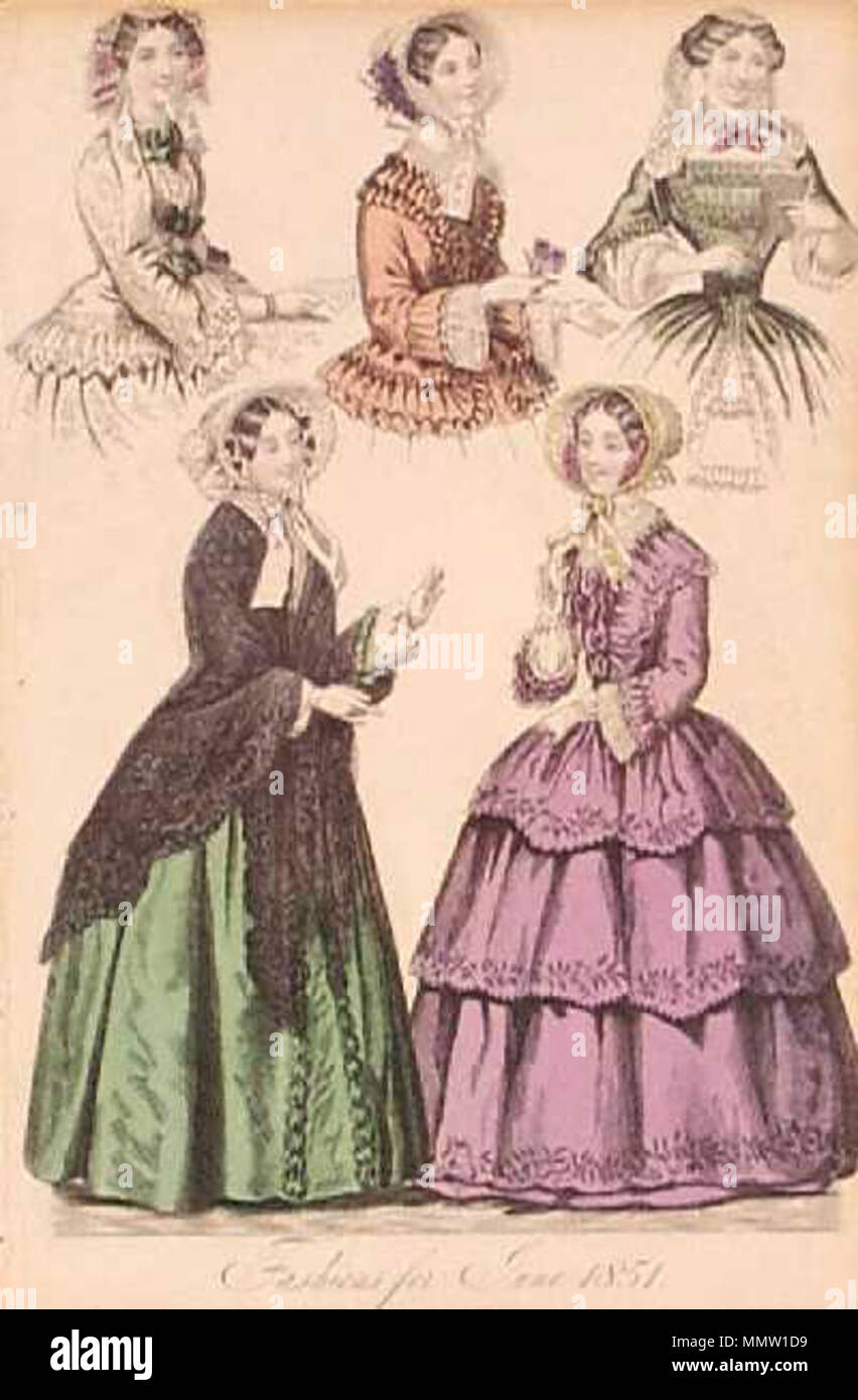 . 1851 Ladies' Mode: Giugno abiti. A mano in acciaio colorato incisione da un 1851 donne rivista di moda. . Giugno 1851. Sconosciuto piastra moda Giugno 1851 Foto Stock