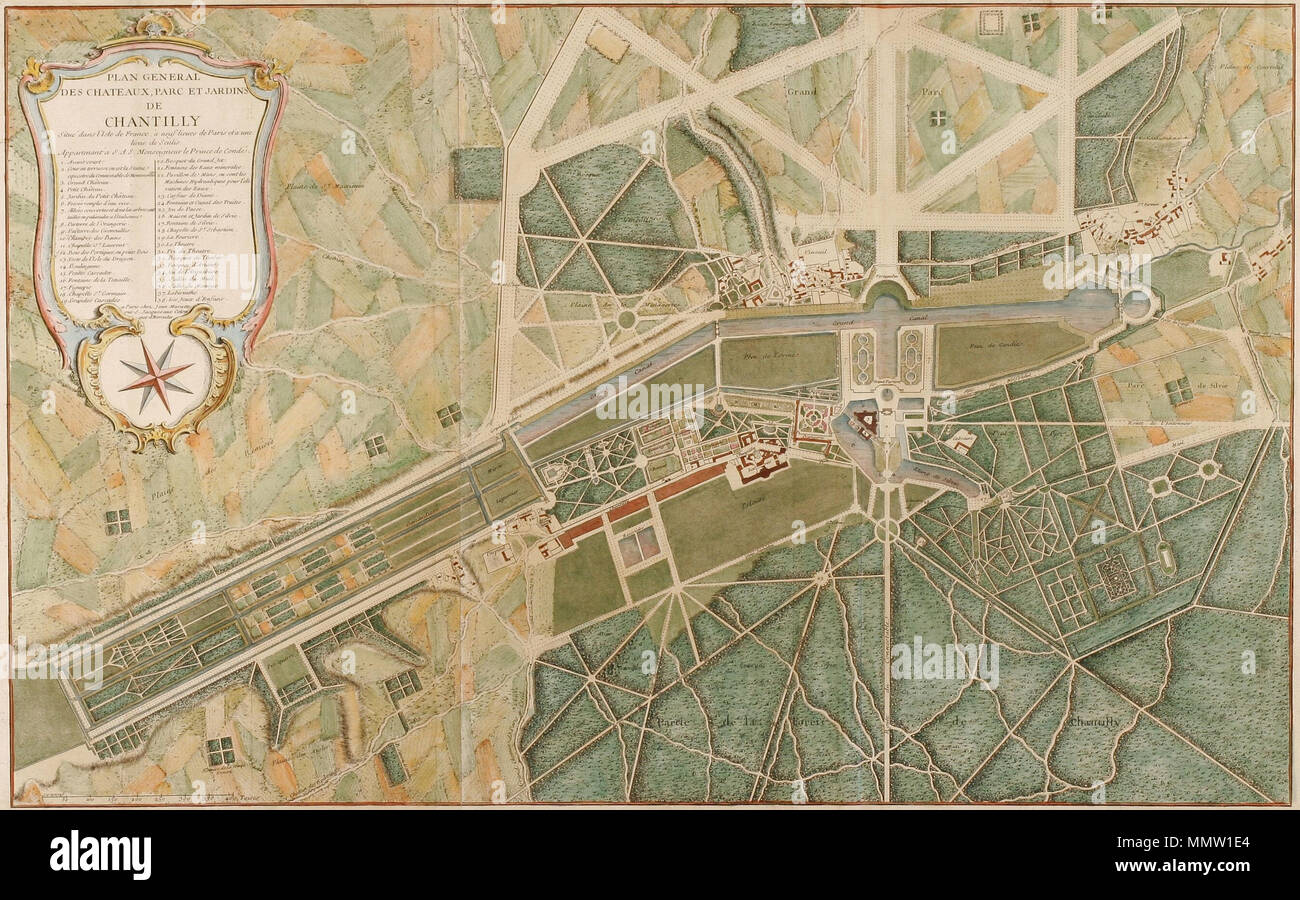 . Deutsch: Kolorierter Kupferstich mit dem Plan des Schlosses Chantilly . circa 1730. Jean Mariette (1660-1742) Descrizione francese arte collector, printmaker, editore e incisore, padre di Pierre-Jean Mariette Data di nascita e morte 22 luglio 1660 (battezzato) 20 settembre 1742 Luogo di nascita e morte Parigi Parigi sede di lavoro Francia competente controllo : Q26240746 VIAF:?ISNI 46820598:?0000 0001 2131 0882 ULAN:?500009872 LCCN:?N97052800 GND:?136575420 WorldCat Chateau de Chantilly Plan Mariette 1730 Foto Stock