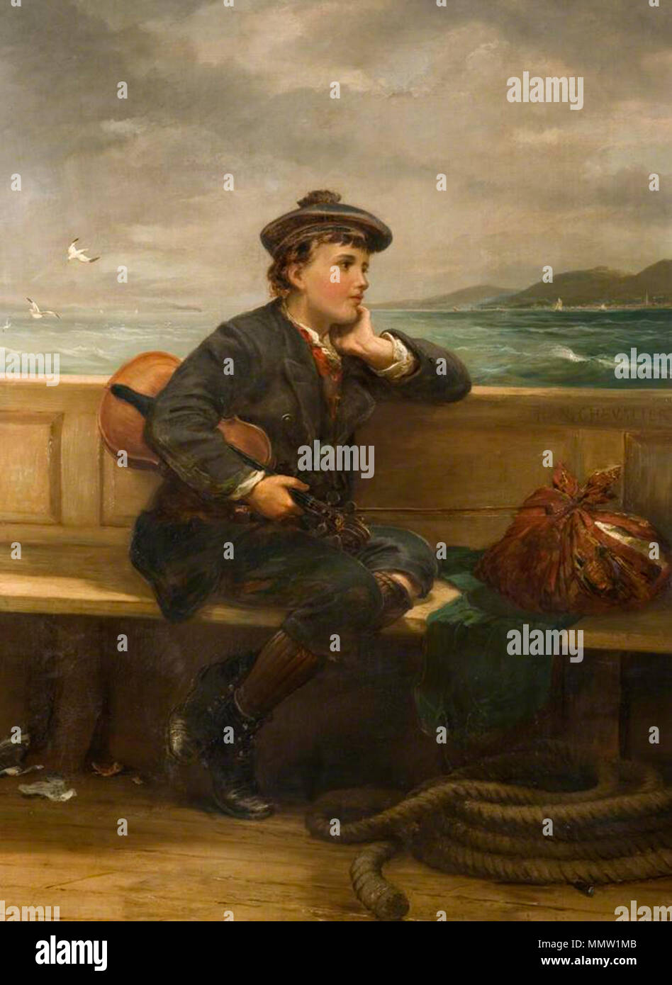 . Inglese: Firmato: Sì Descrizione: In questo lavoro, un giovane ragazzo wistfully guarda oltre il bordo della barca in cui egli è raffigurato. Il suo fascio è la prova della sua partenza, il suo violino è nascosto sotto il suo braccio, ed è forse obliquamente di cui al titolo 'Seeking Fortune". Indossa un cappello scozzese ed è eventualmente lasciando Glasgow. Nel suo indirizzamento del tema dell'emigrazione, il lavoro ha molto in comune con la Ford Madox Brown's l'ultimo dell'Inghilterra, 1852-5. Esposta per la prima volta nel 1887, è stato anche suggerito che il dipinto raffigura B.L Farjeon, un amico dell'artista, che nel 1854, Foto Stock
