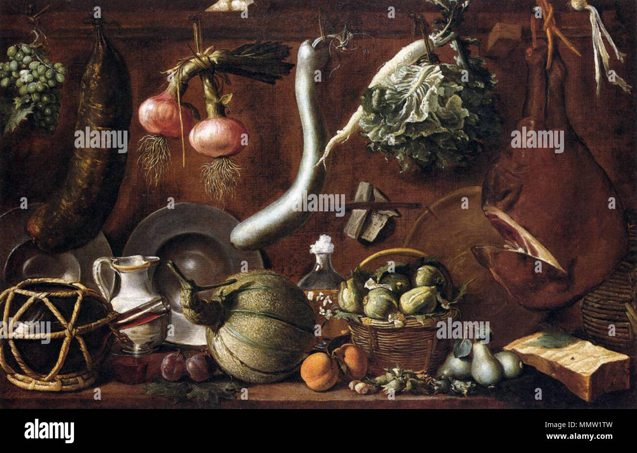 . Credenza con stoviglie, verdure, frutta, salsicce e prosciutto Still-Life. seconda metà del XVI secolo. Chimenti da Empoli, Jacopo - Still Life - XVII c Foto Stock