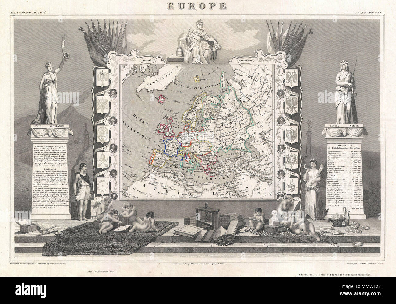 . Inglese: un raffinato esempio di V. Levasseur è desiderabile mappa decorativi d'Europa, del 1852. Mostra tutto il continente secondo la situazione politica del tempo. Il tutto è circondato da elaborare incisioni decorative progettato per illustrare il patrimonio culturale del continente. Mostra la armorial creste di Francia, Inghilterra, Spagna, Italia, Svizzera, Russia, Prussia, Germania, Svezia e Turchia. Vi è una breve storia testuale della regione rappresentata su entrambi i lati sinistro e destro della mappa. Pubblicato da V. Levasseur nel 1852 edizione del suo Atlas National de la France Illustree. Eur Foto Stock