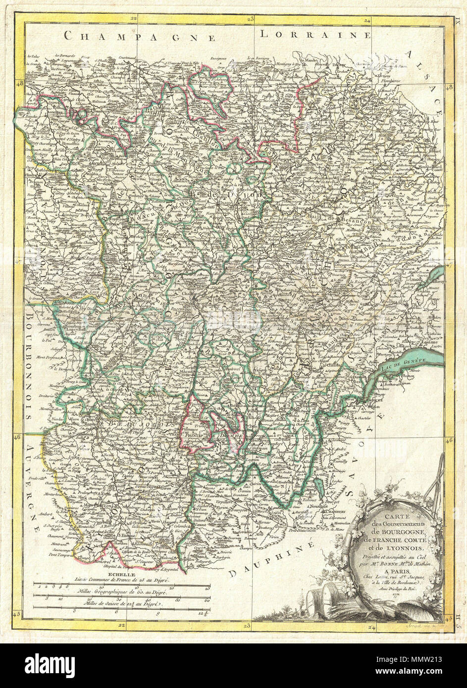 1771 Bonne Mappa di Borgogna, della Franca Contea e Lyonnais, Francia - Geographicus - Bourgogne-bonne-1771 Foto Stock