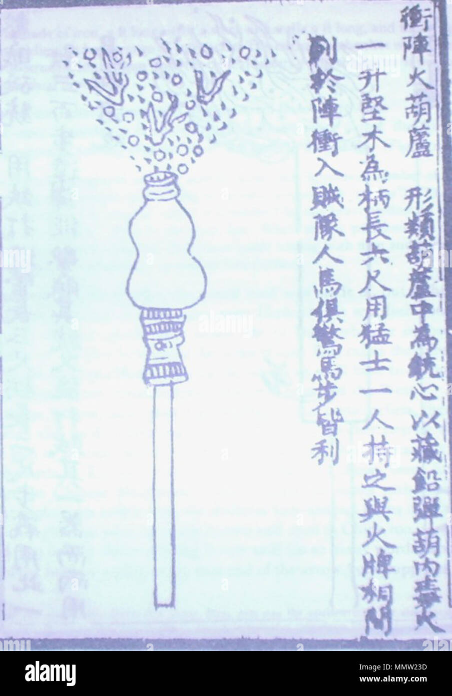 . Una illustrazione di un cinese ampulliform fire-lancia con una carica di polvere da sparo la ripresa di un getto di fiamma con pellet di piombo come coviative proiettili. L'arma è stata denominata "falange carica fire-gourd' ('chong zhen huo hu-lu'). Questa illustrazione è dal Huolongjing, un palazzo del XIV secolo trattato militare compilato da Liu Ji e Yu Jiao, con prefazione aggiunto nell'anno 1412. Questa immagine viene visualizzato anche sulla pagina 238 di Joseph Needham il libro di Scienza e civiltà in Cina: Volume 5, parte 7. . 11 agosto 2007. Cinese PericlesofAthens Fire lancia con agglomerati in forma di pellets Foto Stock