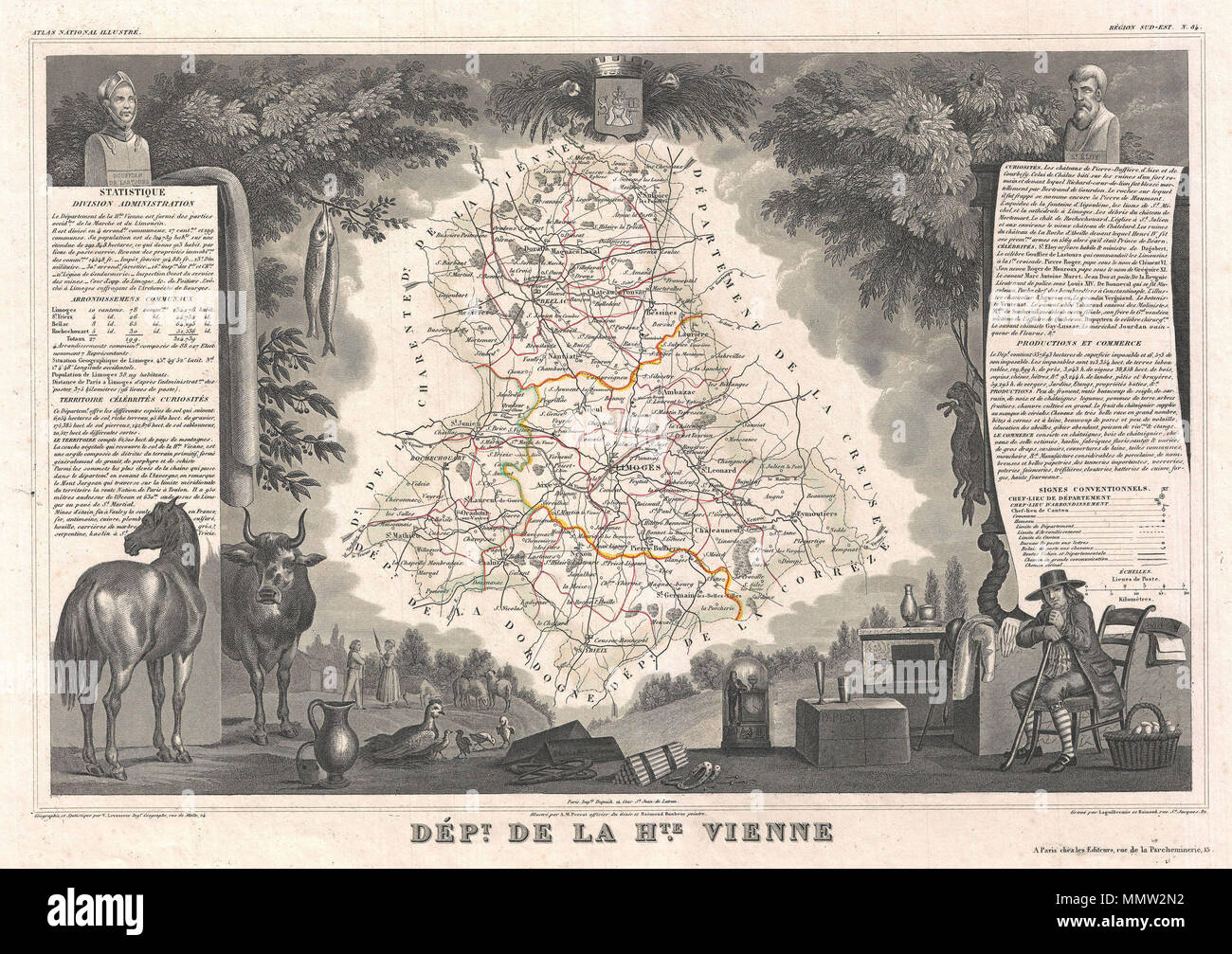 . Inglese: si tratta di un affascinante 1852 Mappa del dipartimento francese della Haute-Vienne, Francia. Haute-Vienne è la casa comune di Limoge, che rende botti di rovere utilizzati nella produzione di Cognac. Questa zona è anche molto famosa per la sua porcellana (porcellana Limoge) che hanno makin fin dal 1700. La mappa vera e propria è circondata da elaborare incisioni decorative progettato per illustrare sia le bellezze naturali e la ricchezza del commercio della terra. Vi è una breve storia testuale delle regioni rappresentate su entrambi i lati sinistro e destro della mappa. Pubblicato da V. Levasseur nel 1852 edizione di Foto Stock