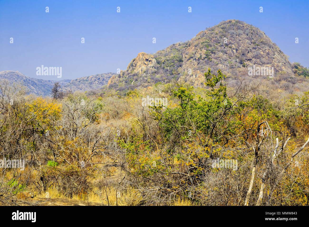 Vista del paesaggio di Matobo National Park, Zimbabwe, che mostrano tipiche formazioni rocciose e fogliame. Settembre 11, 2016. Foto Stock