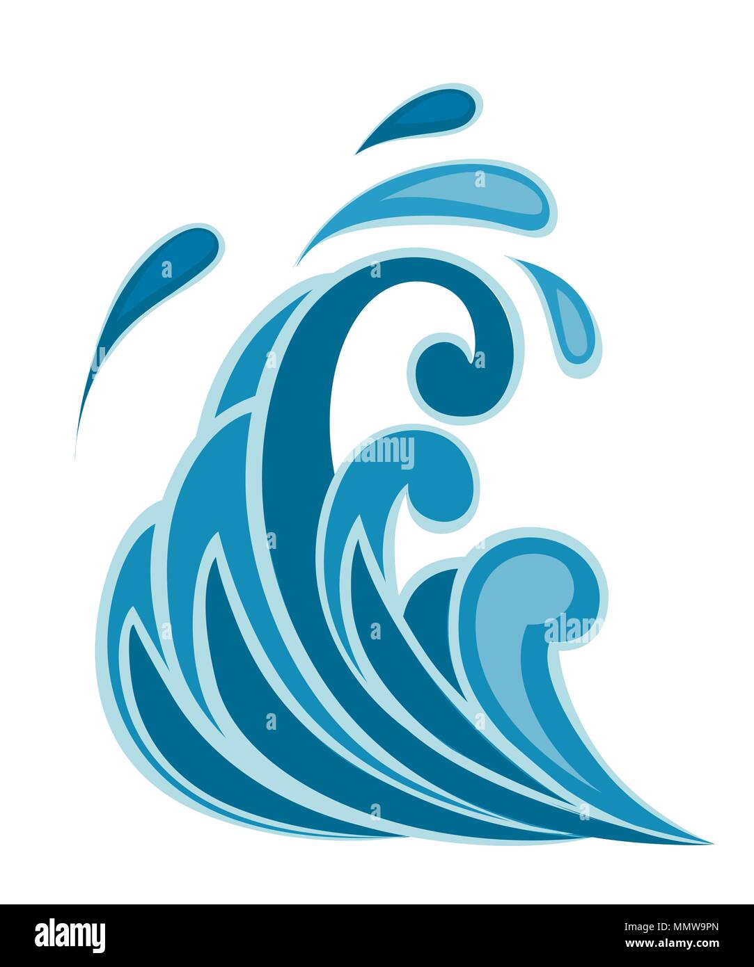 Mare tempestoso onda blu icona con spruzzi di acqua e caduta di vorticazione. Natura o disegno marino. In stile appartamento. Illustrazione di vettore isolato su sfondo bianco Illustrazione Vettoriale