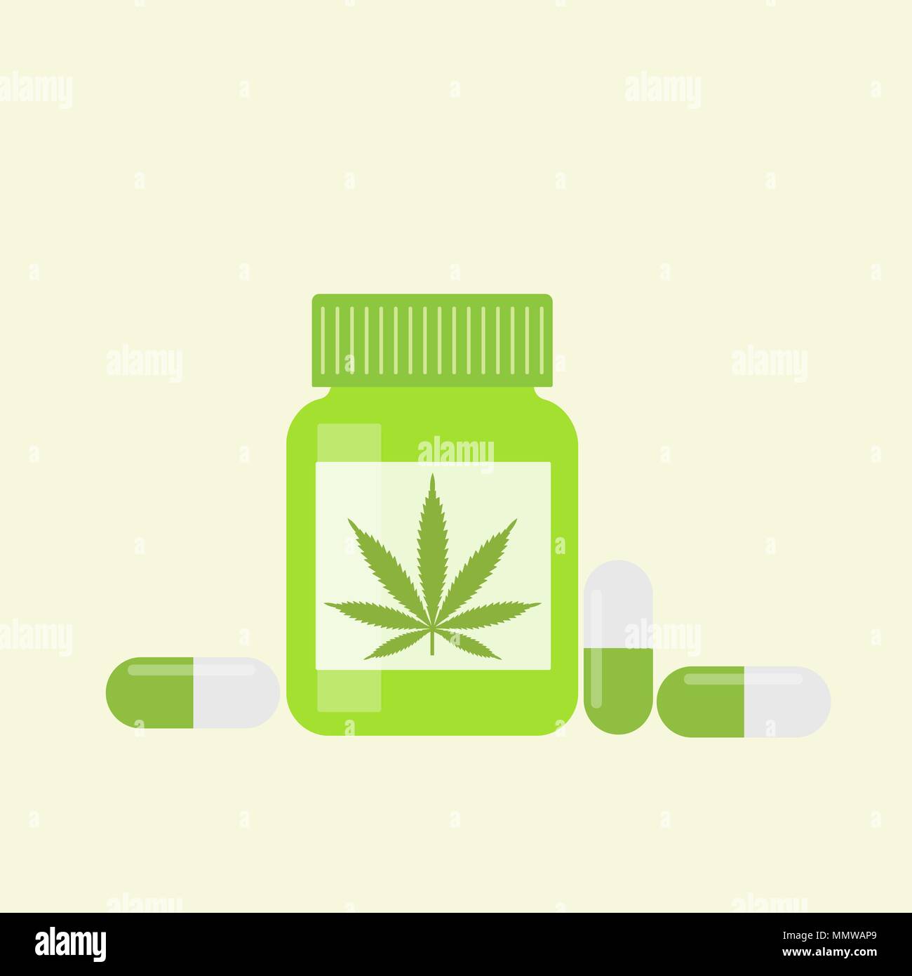 Bottiglia con la marijuana medica e la cannabis medica pillole - marijuana compresse. Vettore isolato. Illustrazione Vettoriale