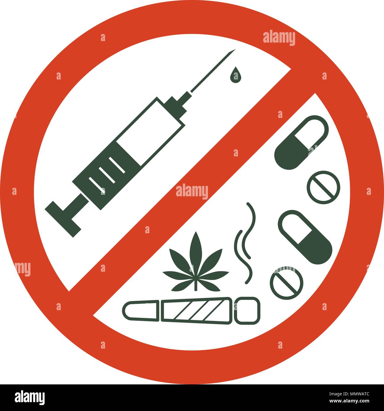 Farmaci non ammessi. La droga, la marijuana foglie con vietato segno - nessun farmaco. Icona di droga nel divieto cerchio rosso. Anti droga. Basta dire di no. Vettore isolato Illustrazione Vettoriale