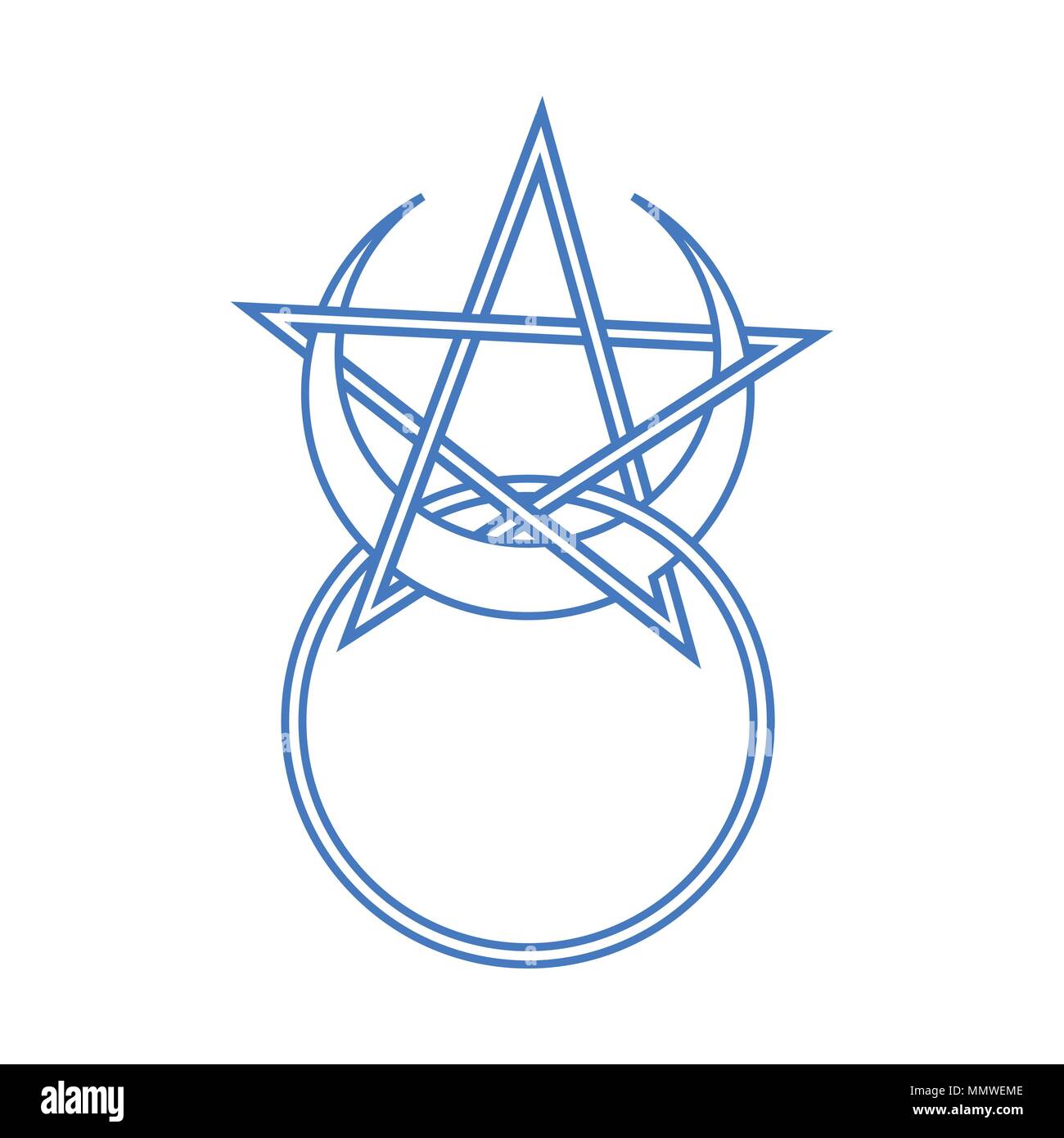 Simbolo del vettore per wiccan e occulto comunità esoterica: Cornuto Dio simbolo con pentacle. Potrebbe essere utilizzato anche come procedura guidata con amuleto pentacle o pentacolo e cicli di luna. Dio cornuto avatar. Illustrazione Vettoriale