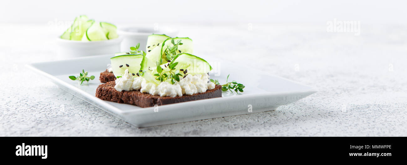 Crostini di pane di segale con ricotta, cetriolo e sesamo nero su grigio ardesia e pietra o calcestruzzo sfondo. Foto Stock
