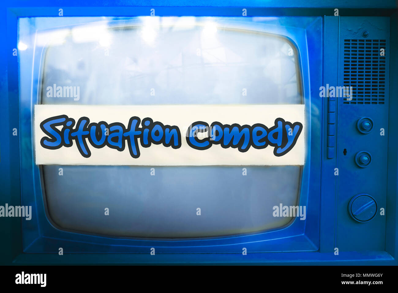 Commedia di situazione blue serie tv genere etichetta televisione vecchia tv sitcom testo vintage sfondo rétro Foto Stock