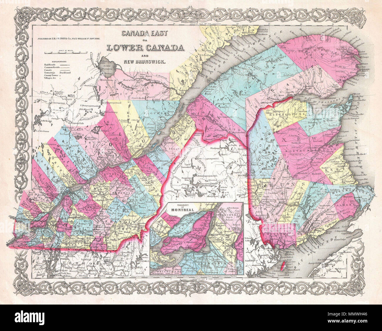 . Inglese: questo è molto raro 1854 Rilascio di J. H. Colton mappa del Canada orientale o abbassare il Canada. Spiega cosa è oggi a Montreal, Quebec, e New Brunswick. Segue il fiume San Lorenzo Valley da Montreal verso est per il golfo di San Lorenzo. Un riquadro nella parte inferiore del tappetino dettagli la prossimità di Montreal. Suddiviso secondo la contea e district. Mostra tutte le strade principali e ferrovie nonché caratteristiche geologiche come i laghi e fiumi. Datata e protette da copyright: "Entrati in base alla legge del Congresso nell Anno 1854 DA J. H. Colton & Co. di Cancelliere dell'ufficio del distretto Foto Stock