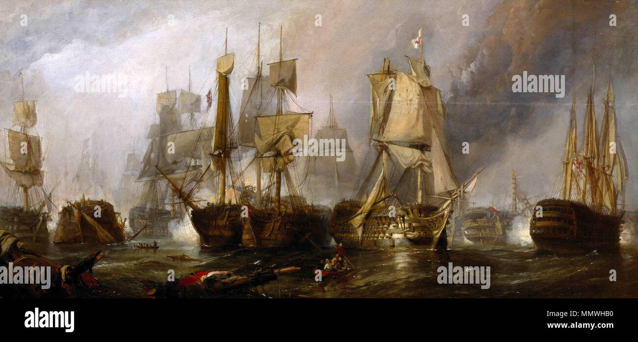 Inglese: schizzo per 'La Battaglia di Trafalgar e la vittoria di Lord Nelson oltre il combinato francese e spagnolo flotte, Ottobre 21, 1805 " . 1833. La Clarkson Frederick Stanfield - La Battaglia di Trafalgar e la vittoria di Lord Nelson oltre il combinato francese e spagnolo flotte, Ottobre 21, 1805 (Sketch, 1833) Foto Stock