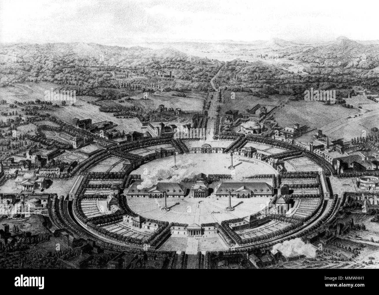 . Claude-Nicolas Ledoux: Projekt per le opere di sale a La Chaux, Francia. Uccelli-vista. . 1775-1779, rame-incisione 1804.. Claude-Nicolas Ledoux Claude-Nicolas Ledoux Die Salinenstadt Chaux Foto Stock