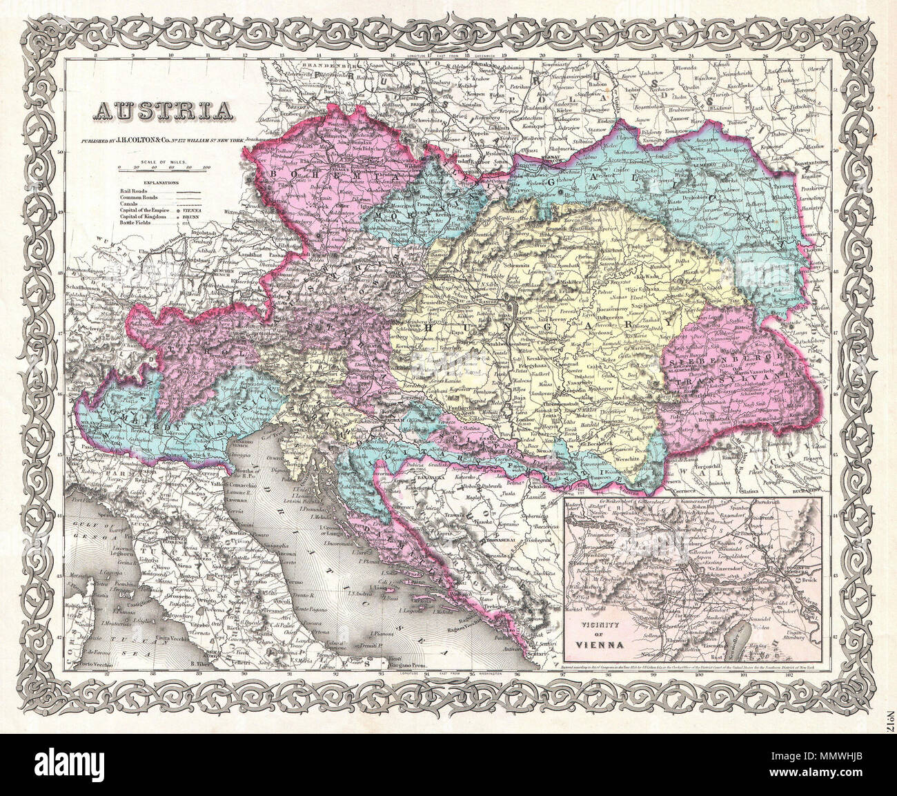 . Inglese: Questa rara colorata a mano mappa di Austria è una piastra di rame incisione risalente al 1856. Prodotta dall'importante a metà del XIX secolo americano mappa publisher J. H. Colton. Copre l'Austria, Croatia-Slavonia, Ungheria, Repubblica Ceca (Boemia), Romania, Transilvania, e parti di Italia tra Lombardia e Venezia. Preparati al di fuori del Colton's 172 William St, New York, ufficio per inclusione come piastra n. 17 in volume unico 1856 Rilascio di Colton del Atlante del mondo . Colton inizialmente rilasciato il suo atlas in abbonamento in due volumi separati, uno per il Nord America (emesso nel 1855) e una f Foto Stock