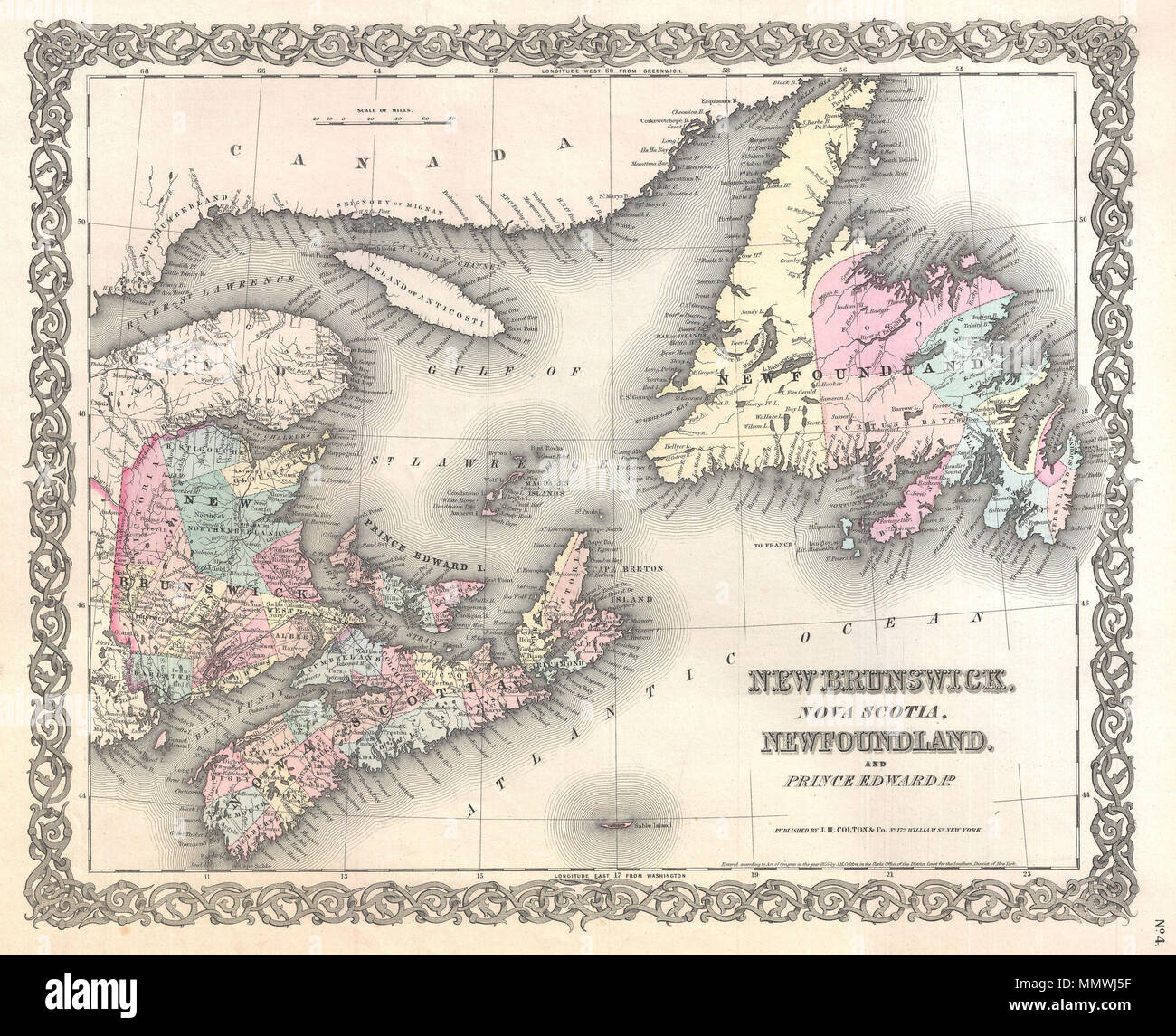 Inglese: un eccellente prima edizione esempio di Colton raro 1855 mappa  delle province marittime del New Brunswick, Nova Scotia, Terranova e Prince  Edward Island. In tutta la mappa Colton identifica varie