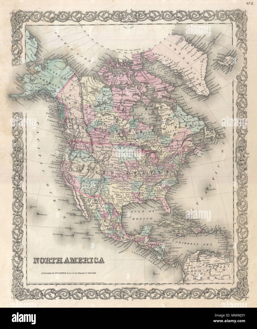 . Inglese: un eccellente prima edizione esempio di Colton raro mappa del Nord America. Copre il continente dal Sud America all'Artico, inclusivo di Stati Uniti, Canada, Messico, America centrale e Antille. Gli Stati Uniti porzione di questa mappa contiene un inizio configurazione territoriale del Transmississippi. Il Nebraska è mostrato al suo pieno, che si estende dal Kansas al confine canadese. Montana, Wyoming, Idaho, Arizona, Colorado, West Virginia, e Nevada non ancora visualizzati sulla mappa. Note rivendicazioni russe in Alaska. Identifica Pikes Peak, Fremont's Peak, Mt. Rainier, Mt. Foto Stock