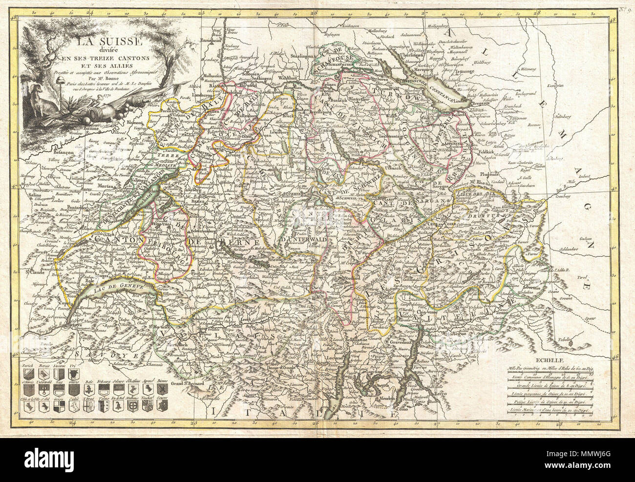 . Inglese: un bellissimo esempio di Rigobert Bonne decorativi della cartina della Svizzera. Copre la totalità della Svizzera divisa in cantoni. Offre un eccellente dettaglio per tutto che mostra le montagne, i fiumi, le foreste, i confini nazionali, i confini regionali, le fortificazioni e le città. Un grande titolo decorativo cartiglio viene visualizzato nel quadrante superiore sinistro. Disegnata da Rigobert Bonne nel 1771 per la questione come piastra n. 9 Jean Lattre dell edizione 1776 della Atlas moderne . La Suisse divisee en ses Treize Cantoni et ses alleati.. 1771 (datato). 1771 Bonne Mappa della Svizzera - Geographicus - Svizzera-bonne-1771 Foto Stock