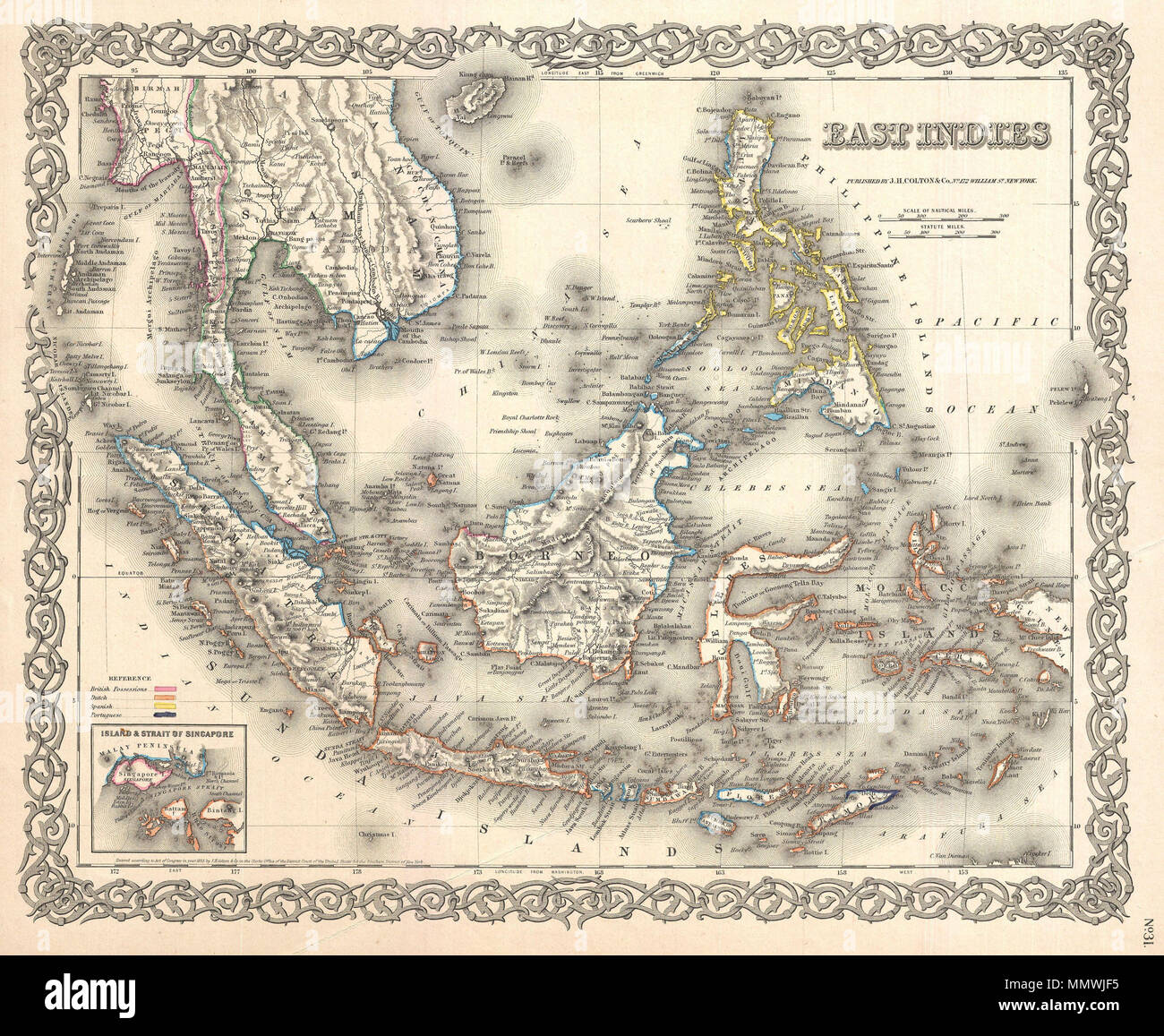 . Inglese: un bel 1855 prima edizione esempio di Colton la mappa delle Indie Orientali. Coperchi dalla Birmania nell'estremo nord-ovest in Nuova Guinea e Timor Est nel sud-est. Include della Birmania, Pegu, Siam (Thailandia), Cambogia, Chochin (Vietnam del Sud), malese (Malesia), BORNEO, FILIPPINE, Java Sumatra e Singapore. Questa mappa è significativa in quanto è tra i primi American mappe al dettaglio l'isola e la città di Singapore - che appare in basso a destra. Quando questa mappa è stata fatta, Singapore, disciplinata dalla British East India Company, stava sperimentando una massiccia ondata di immigrazione e la crescita a causa t Foto Stock