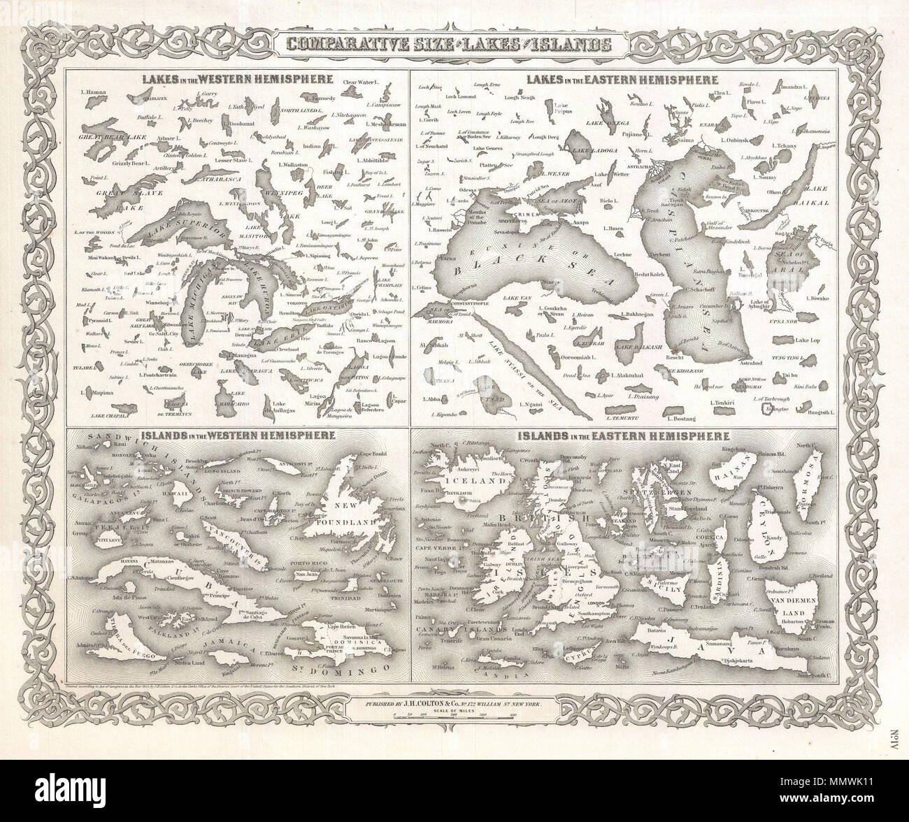 . Inglese: un bel 1855 prima edizione esempio di Colton curiosità del grafico di attualità del mondo grandi isole e laghi. Divisi in laghi e isole di Orientali ed Emisferi Occidentali. Curiosamente non includono la Groenlandia - Chi è il nord limiti non sono stati esplorati quando la mappa è stata stampata. Colton non comprendono tuttavia Laky Nyassi sul mare - un grande lago in Africa che era al suo punto nella storia, ancora in gran parte speculativi per quanto riguarda la sua dimensione e orientamento. La maggior parte oggi associare Colton's Nyassi con il Lago Malawi. Circondato da Colton il tipico motivo a spirale confine. Datata e Foto Stock