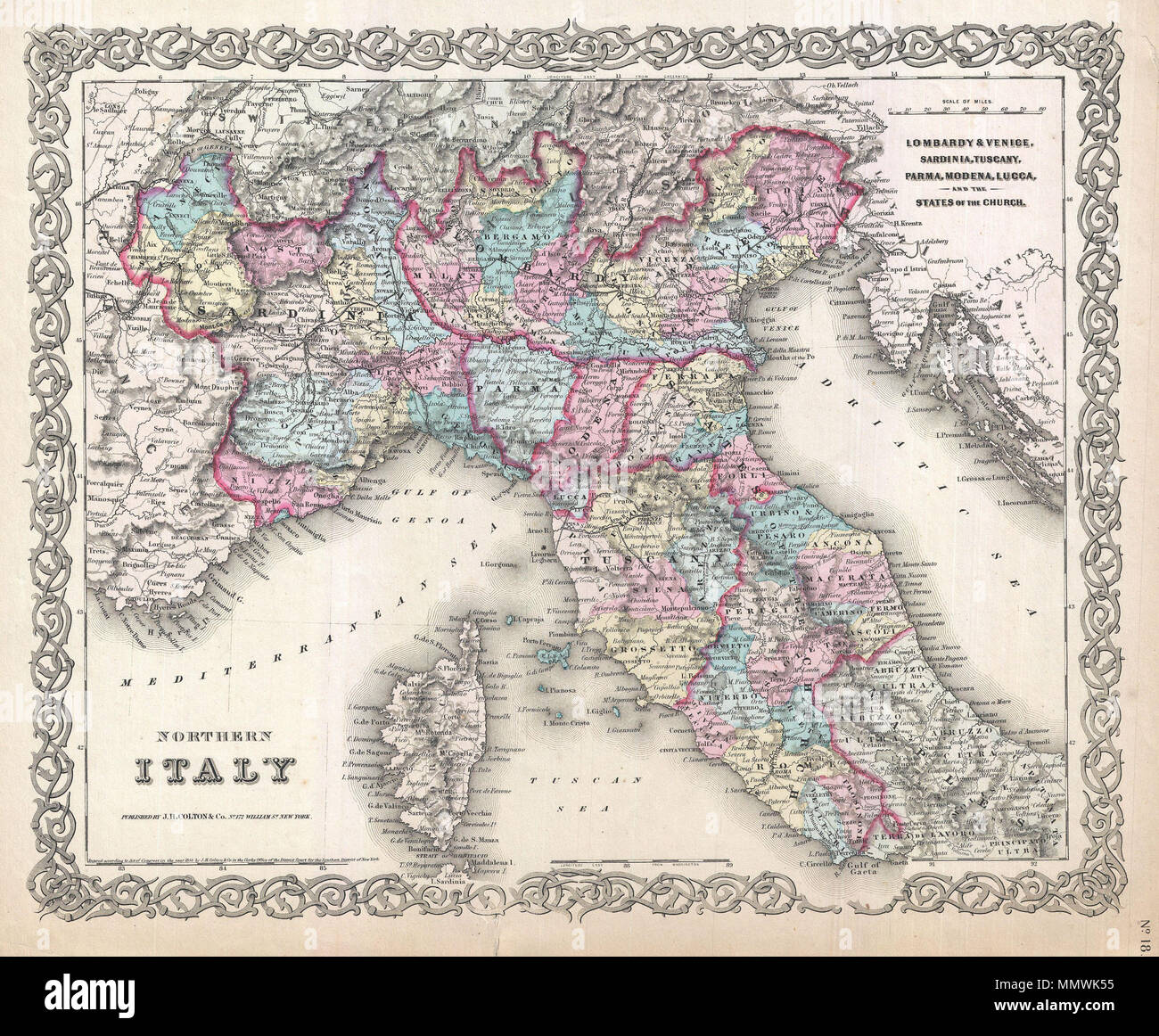 . Inglese: un bel 1855 prima edizione esempio di Colton la mappa del nord Italia. Copre dalla Svizzera verso il golfo di Gaeta, compresa l'isola di Corsica. Include Milano, Genova, Parma, Toscana, Venezia, la Lombardia e gli Stati Pontifici. In tutto, Colton identifica varie città, fortezze, fiumi e assortimento di ulteriori dettagli topografici. Circondato da Colton il tipico motivo a spirale confine. Datata e protetti da copyright a J. H. Colton, 1855. Pubblicato da Colton's 172 William Street Office in New York City. Rilasciato come pagina n. 18 nel volume 2 della prima edizione di George il lavaggio Foto Stock