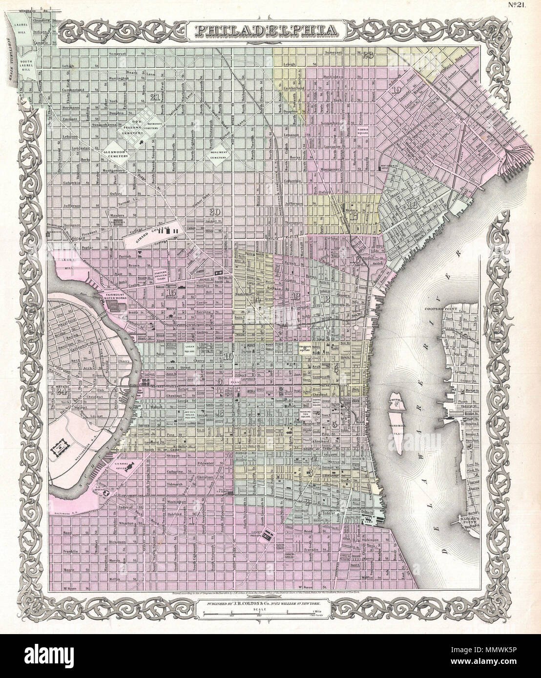 . Inglese: un eccellente 1855 prima edizione esempio di Colton raro mappa di Philadelphia, Pennsylvania. Copre la città dal fiume Schuylkill nel nord-ovest al fiume Delaware nel sud-ovest e dalla Somerset Street a Mt. Keon Street. Mano colorati in rosa, verde, giallo e blu pastello per identificare i reparti della città. In generale questa mappa offre dettagli straordinari a livello di singole strade e palazzi. Identifica il Navy Yard, il paese prigione, Girard College, Reading Railroad, l'Alms House, Fairmont Waterworks, e Odd Fellows cimitero. Circondato da Colton tipica Foto Stock