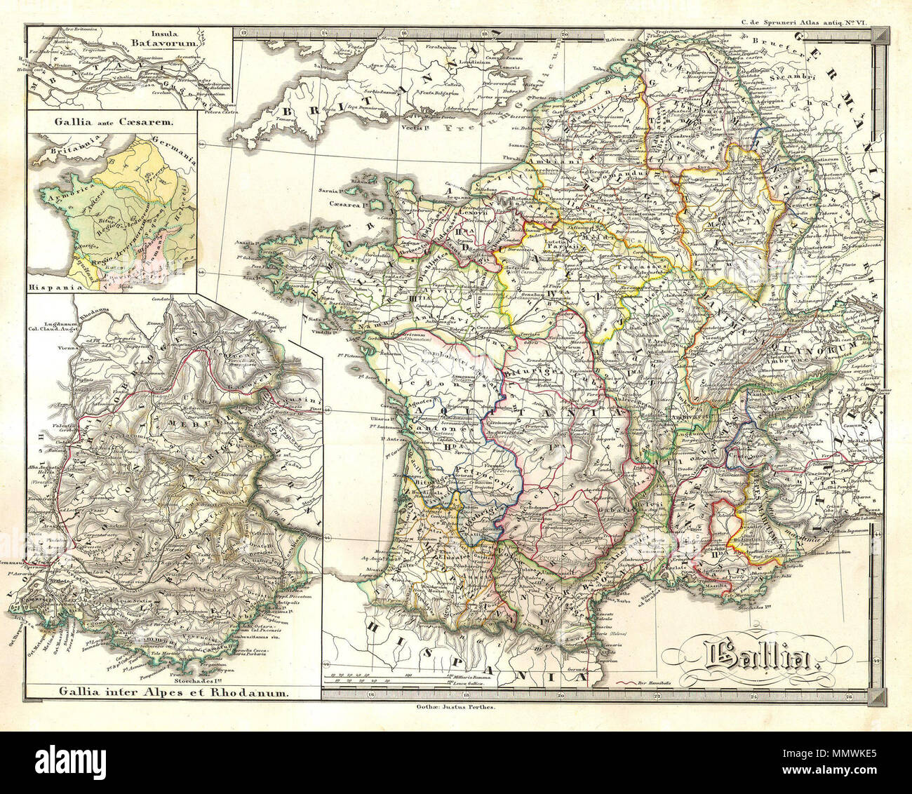 . Inglese: questo fine a mano mappa colorata è una piastra di acciaio di litografia raffigurante la Francia, Gallia, o Gallia in tempi antichi. Ci sono grandi inset di Batavorum e Francia/Gallia dopo Cesare. È stato pubblicato nel 1855 dal leggendario cartografo tedesco Justus Perthes. Emessi come parte del "Spruneri Atlas Antiquarie". Francia, Gallia, Gallia in tempi antichi. 1855. 1855 Spruneri Mappa di Francia - Gallia - Gallia nei tempi antichi - Geographicus - Gallia-spruneri-1855 Foto Stock